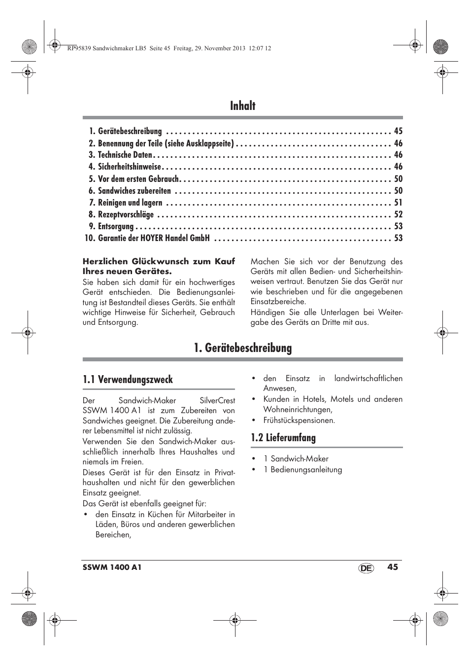 Inhalt, Gerätebeschreibung, 1 verwendungszweck | 2 lieferumfang | Silvercrest SSWM 1400 A1 User Manual | Page 47 / 58