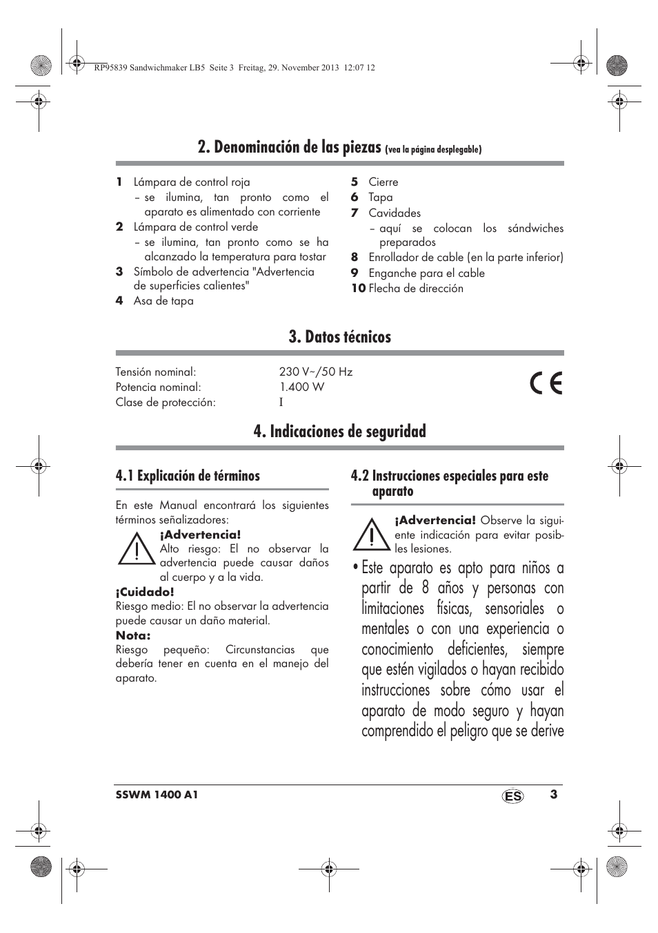 Denominación de las piezas, Datos técnicos, Indicaciones de seguridad | 1 explicación de términos, 2 instrucciones especiales para este aparato | Silvercrest SSWM 1400 A1 User Manual | Page 5 / 58