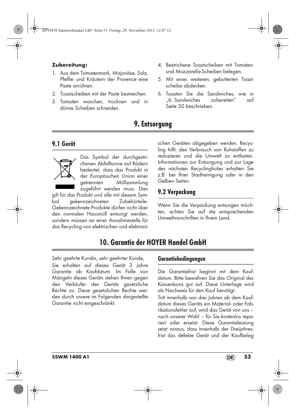 Entsorgung, Garantie der hoyer handel gmbh, 1 gerät | 2 verpackung | Silvercrest SSWM 1400 A1 User Manual | Page 55 / 58