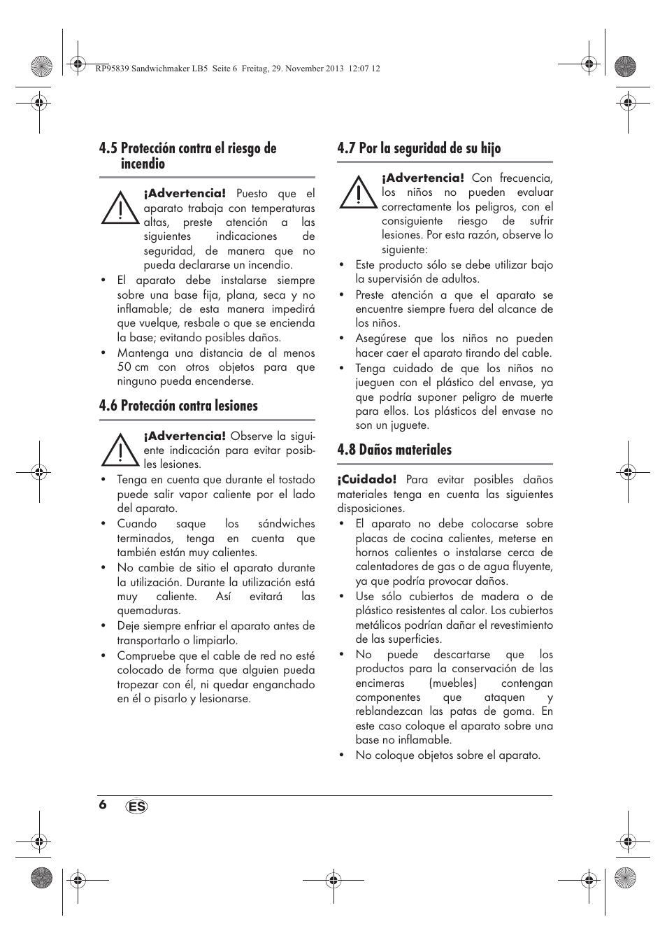 5 protección contra el riesgo de incendio, 6 protección contra lesiones, 7 por la seguridad de su hijo | 8 daños materiales | Silvercrest SSWM 1400 A1 User Manual | Page 8 / 58