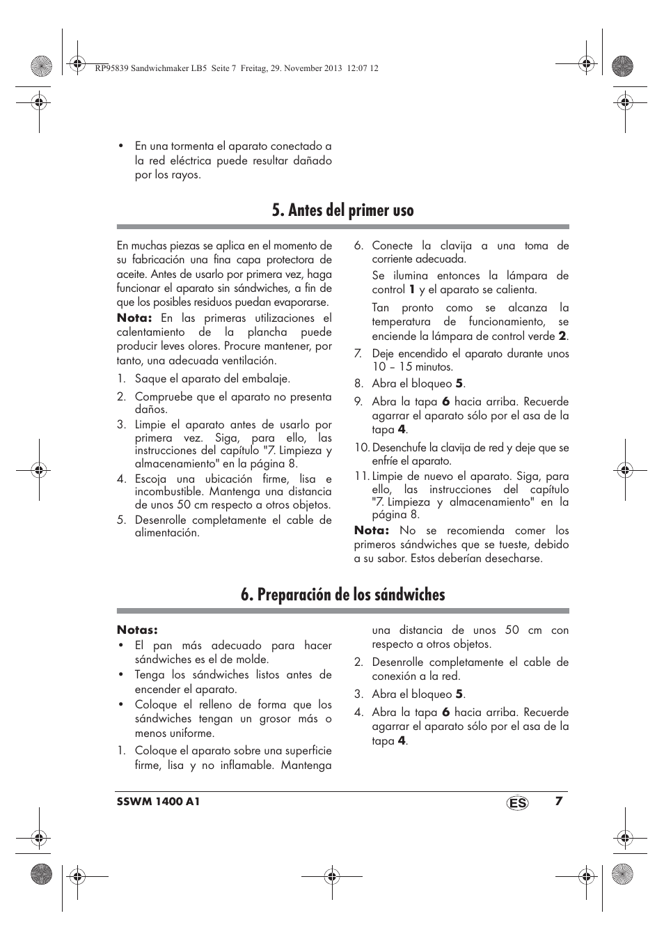 Antes del primer uso, Preparación de los sándwiches | Silvercrest SSWM 1400 A1 User Manual | Page 9 / 58