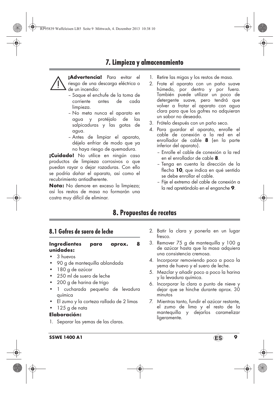 Limpieza y almacenamiento, Propuestas de recetas, 1 gofres de suero de leche | Silvercrest SSWE 1400 A1 User Manual | Page 11 / 58