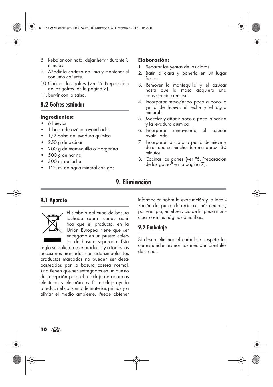 Eliminación, 2 gofres estándar, 1 aparato | 2 embalaje | Silvercrest SSWE 1400 A1 User Manual | Page 12 / 58