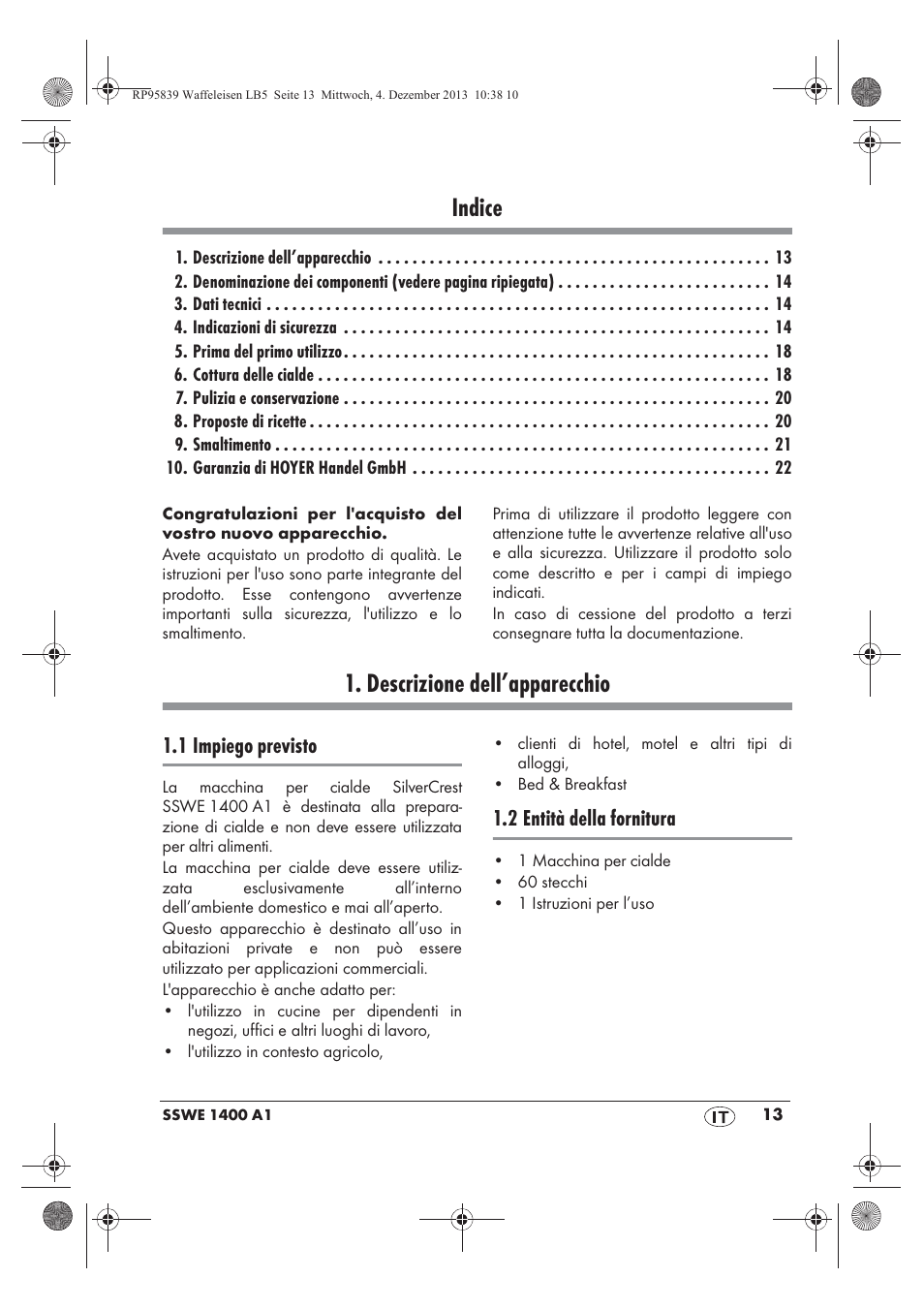 Indice, Descrizione dell’apparecchio, 1 impiego previsto | 2 entità della fornitura | Silvercrest SSWE 1400 A1 User Manual | Page 15 / 58