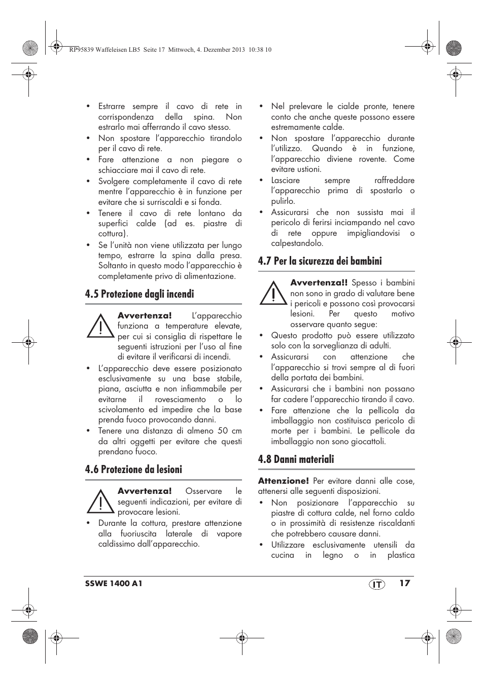 5 protezione dagli incendi, 6 protezione da lesioni, 7 per la sicurezza dei bambini | 8 danni materiali | Silvercrest SSWE 1400 A1 User Manual | Page 19 / 58