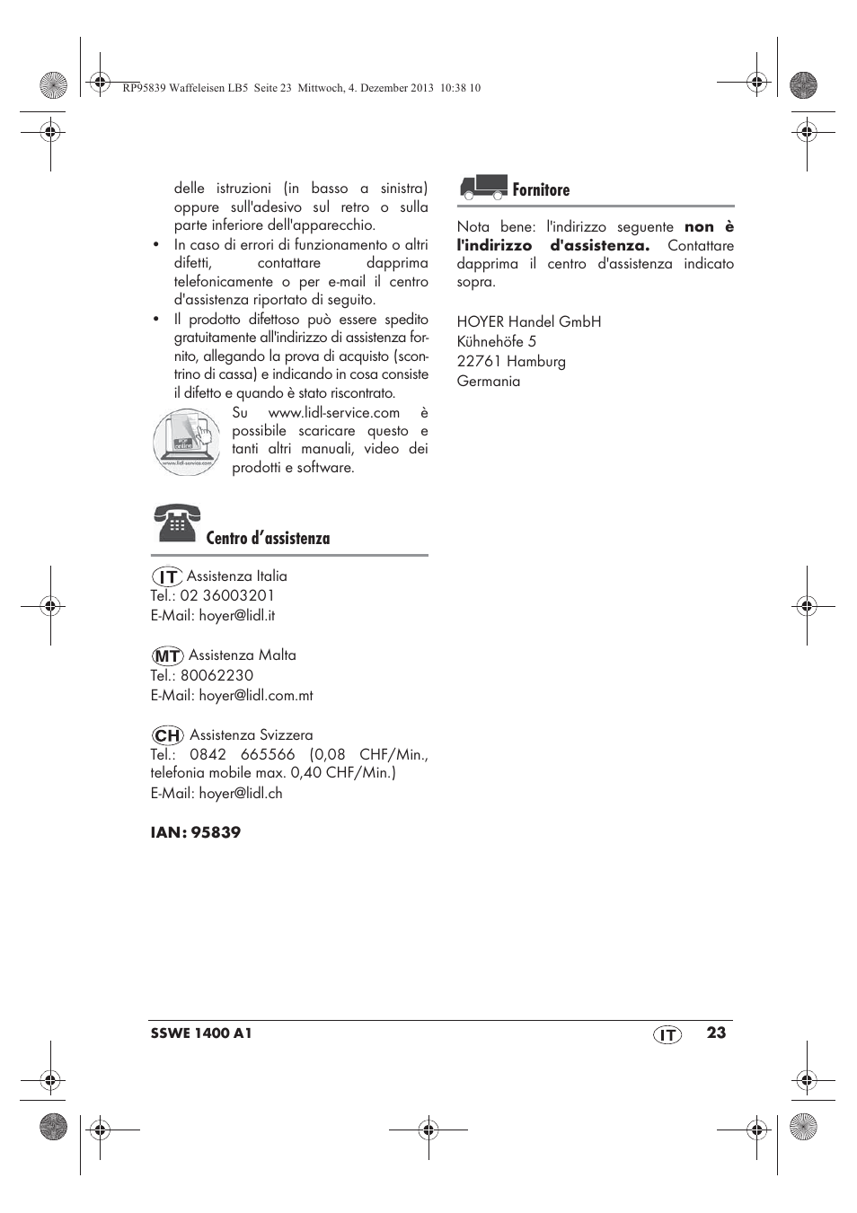 Centro d’assistenza, Fornitore | Silvercrest SSWE 1400 A1 User Manual | Page 25 / 58