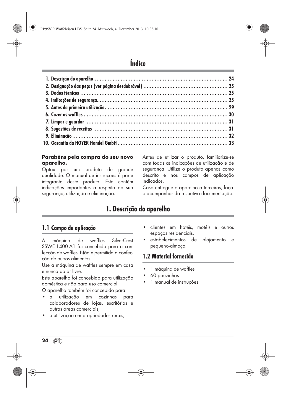 Índice, Descrição do aparelho, 1 campo de aplicação | 2 material fornecido | Silvercrest SSWE 1400 A1 User Manual | Page 26 / 58