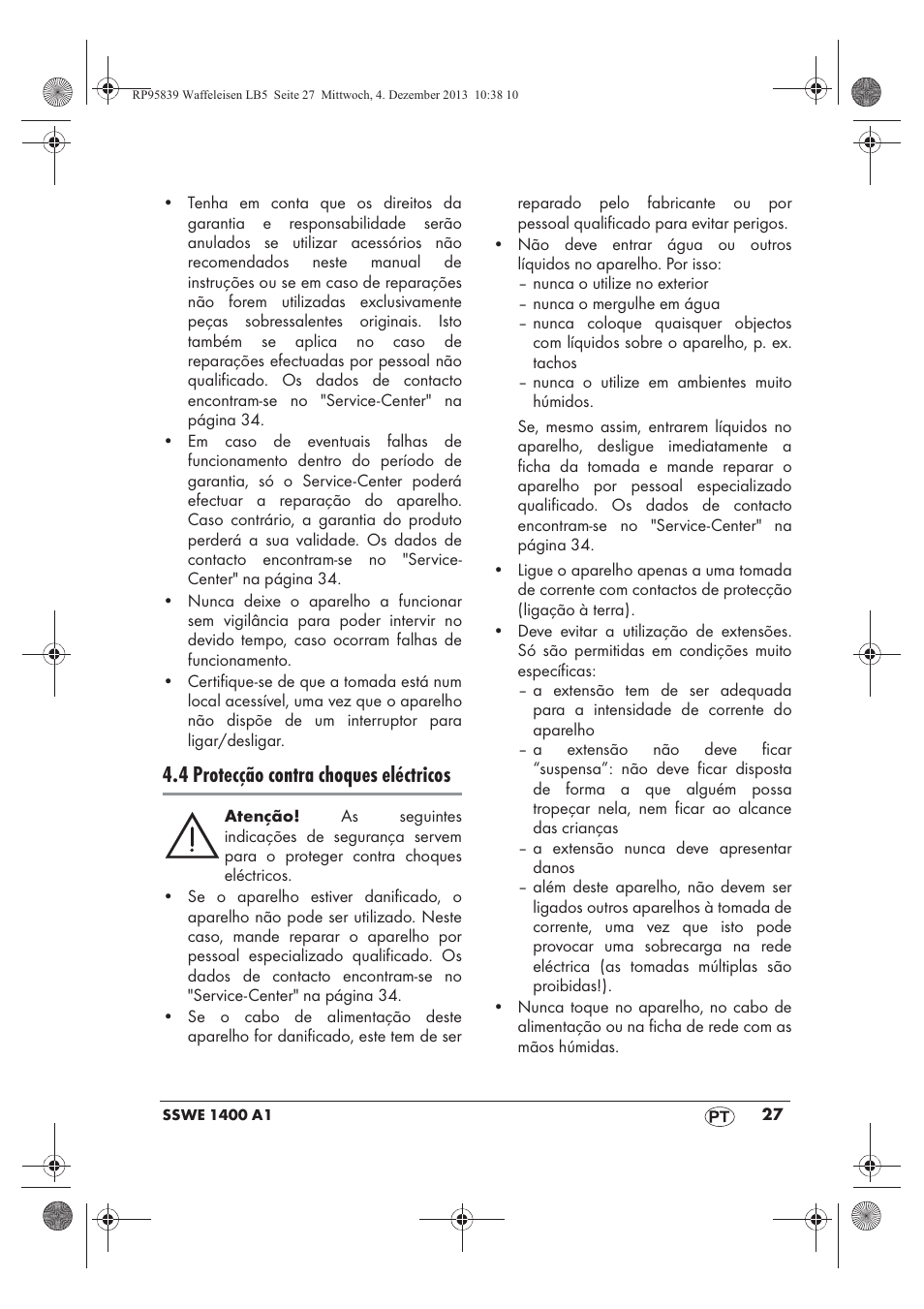 4 protecção contra choques eléctricos | Silvercrest SSWE 1400 A1 User Manual | Page 29 / 58