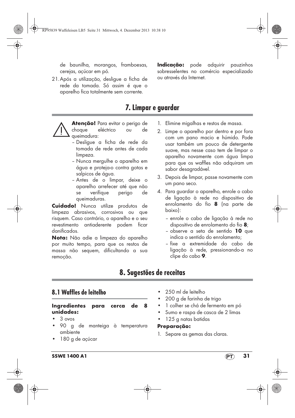 Limpar e guardar, Sugestões de receitas, 1 waffles de leitelho | Silvercrest SSWE 1400 A1 User Manual | Page 33 / 58