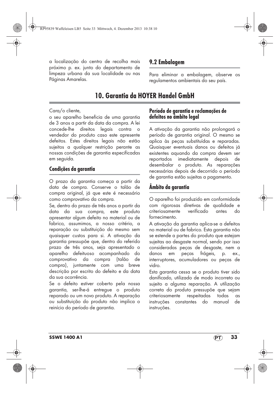 Garantia da hoyer handel gmbh, 2 embalagem | Silvercrest SSWE 1400 A1 User Manual | Page 35 / 58