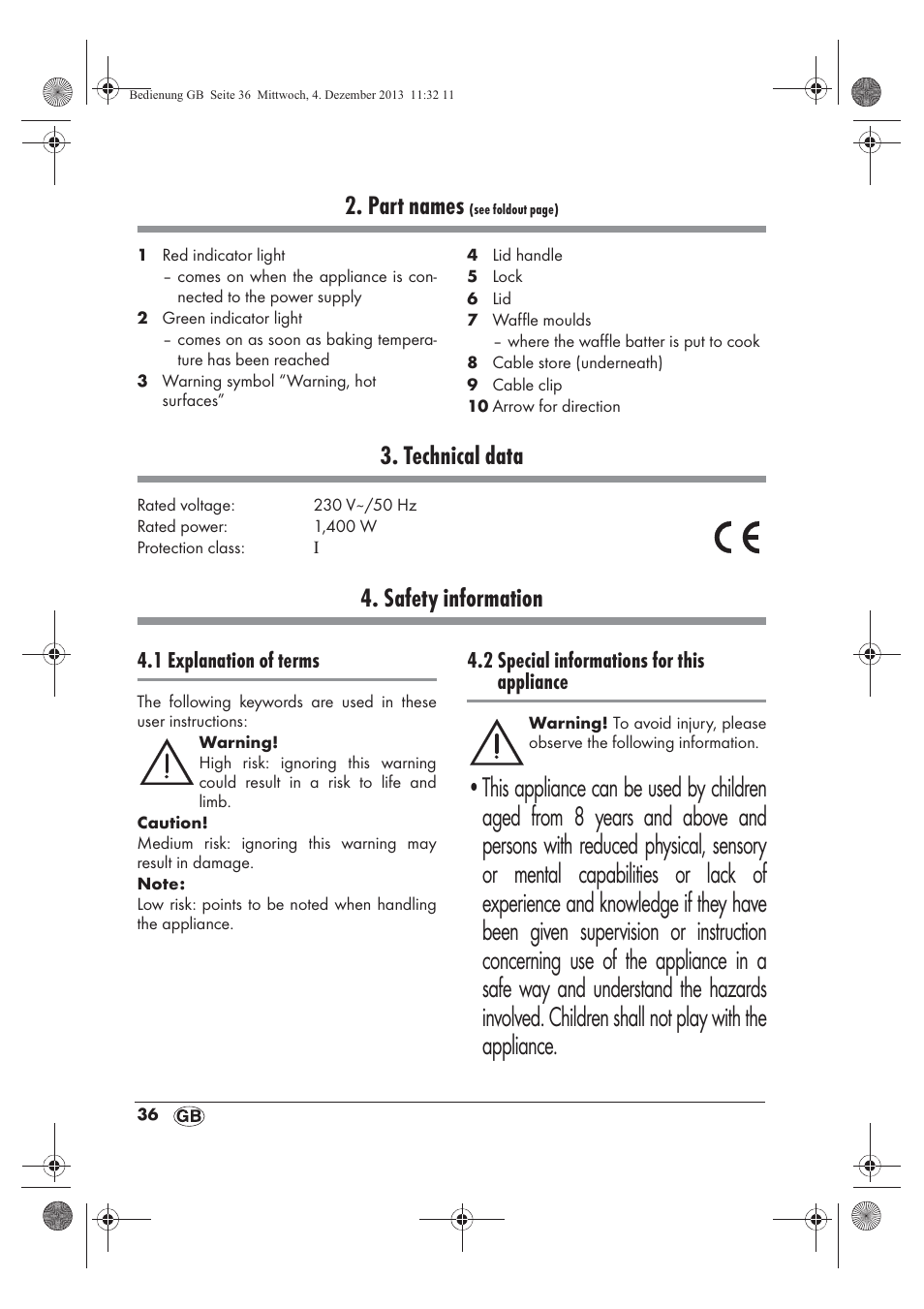 Part names, Technical data, Safety information | 1 explanation of terms, 2 special informations for this appliance | Silvercrest SSWE 1400 A1 User Manual | Page 38 / 58