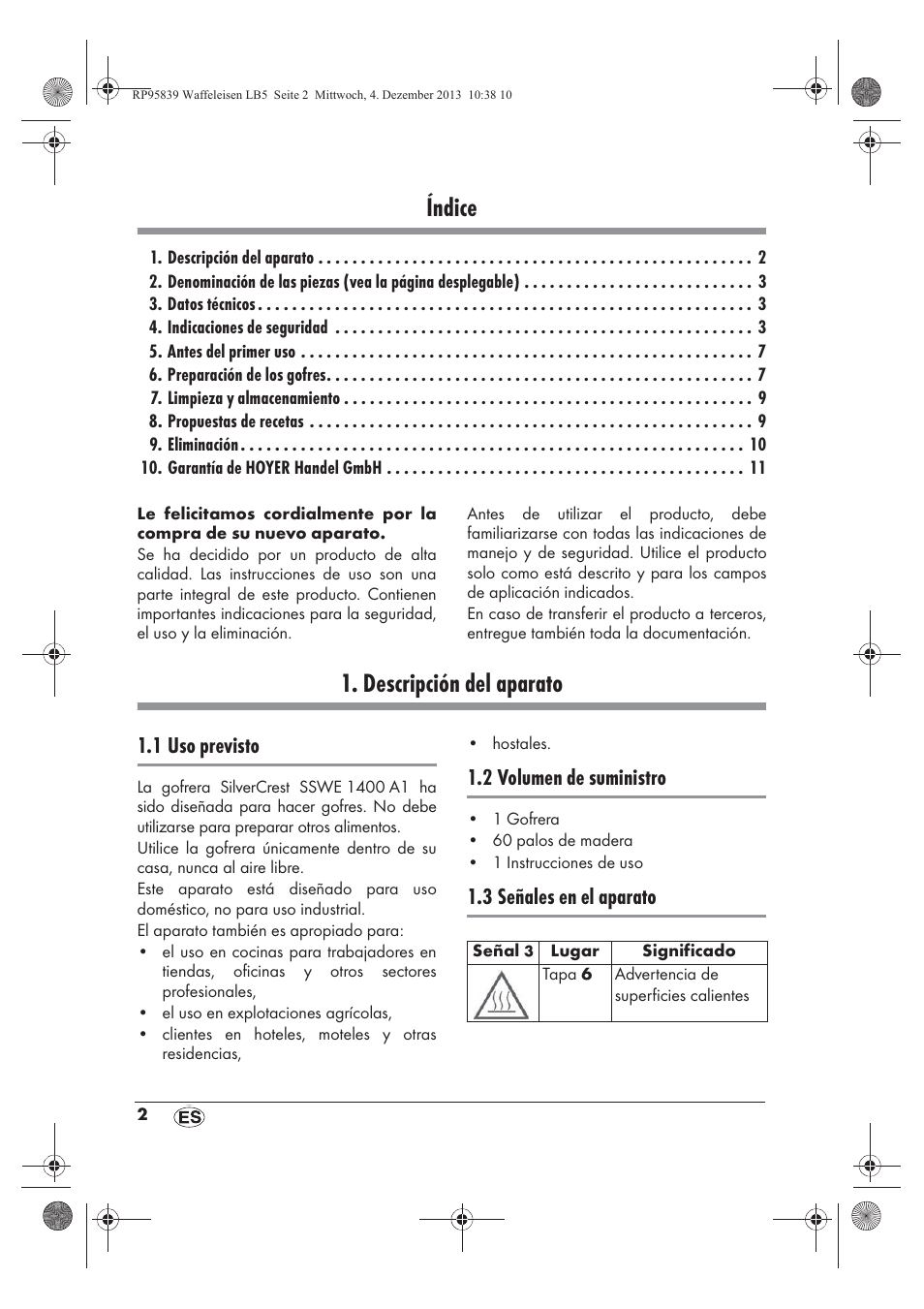 Índice, Descripción del aparato, 1 uso previsto | 2 volumen de suministro, 3 señales en el aparato | Silvercrest SSWE 1400 A1 User Manual | Page 4 / 58