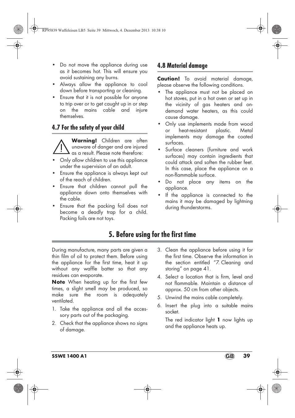Before using for the first time, 7 for the safety of your child, 8 material damage | Silvercrest SSWE 1400 A1 User Manual | Page 41 / 58