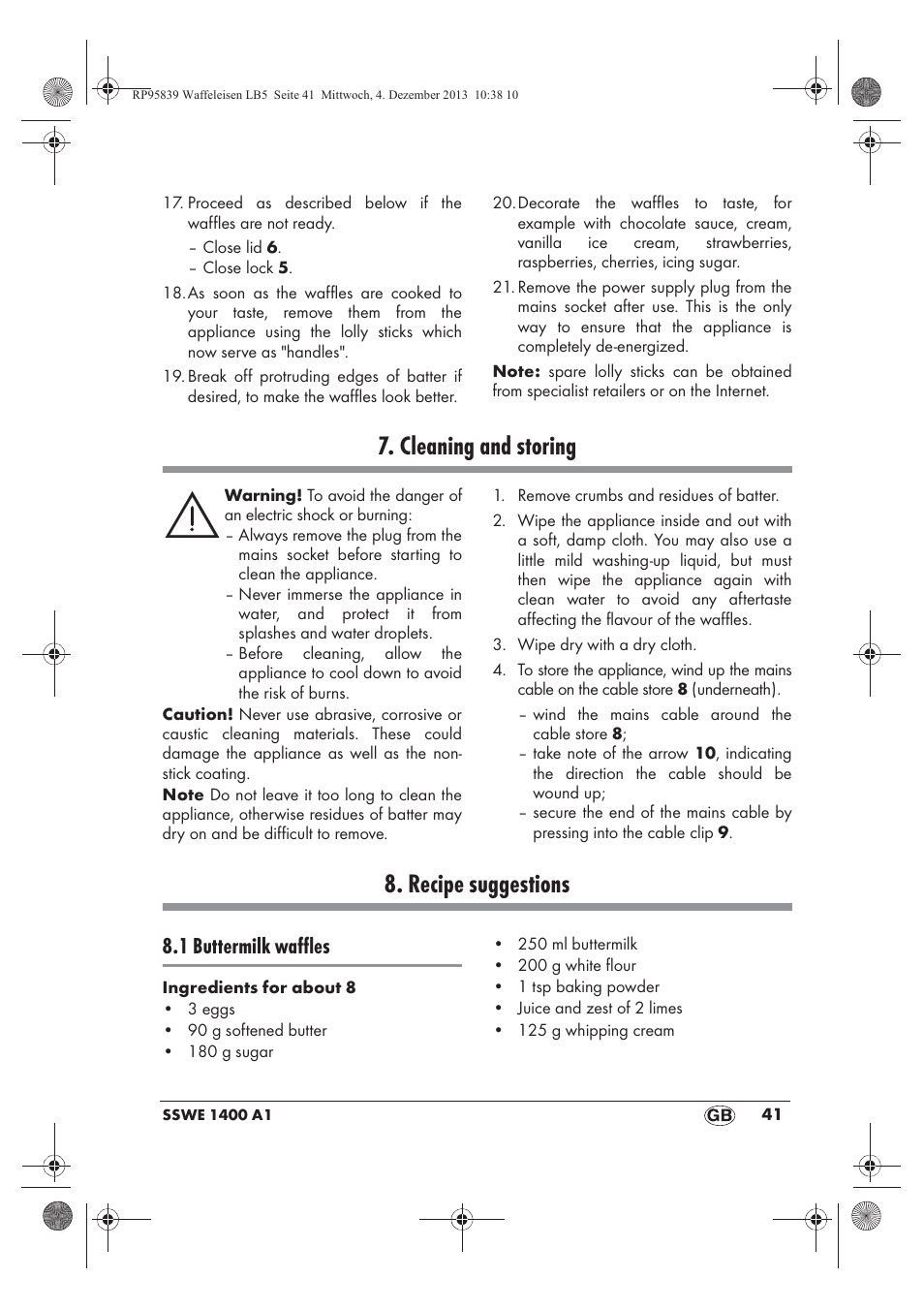 Cleaning and storing, Recipe suggestions, 1 buttermilk waffles | Silvercrest SSWE 1400 A1 User Manual | Page 43 / 58