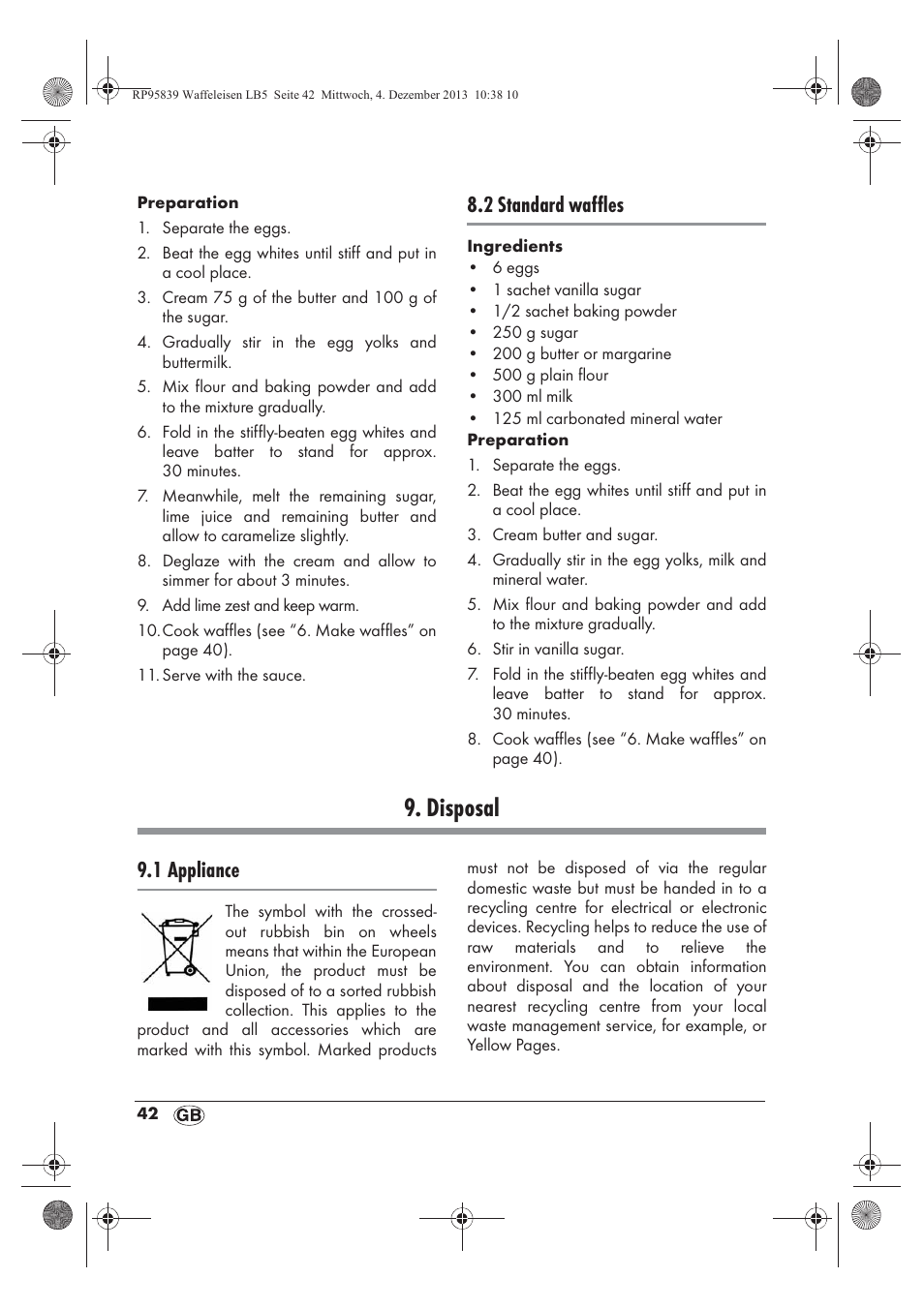 Disposal, 2 standard waffles, 1 appliance | Silvercrest SSWE 1400 A1 User Manual | Page 44 / 58