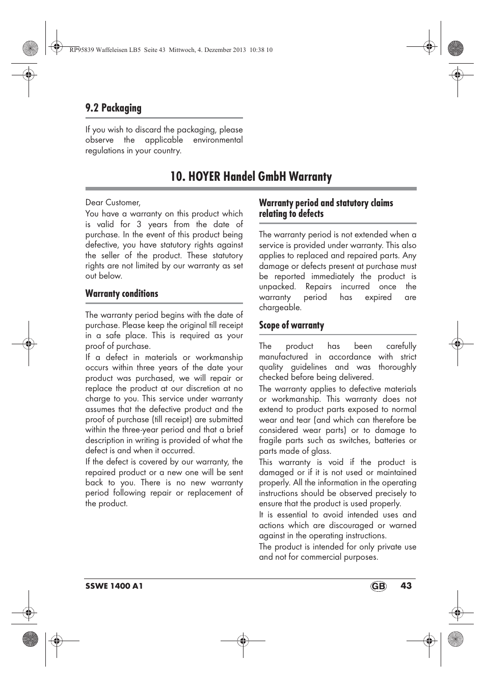 Hoyer handel gmbh warranty | Silvercrest SSWE 1400 A1 User Manual | Page 45 / 58