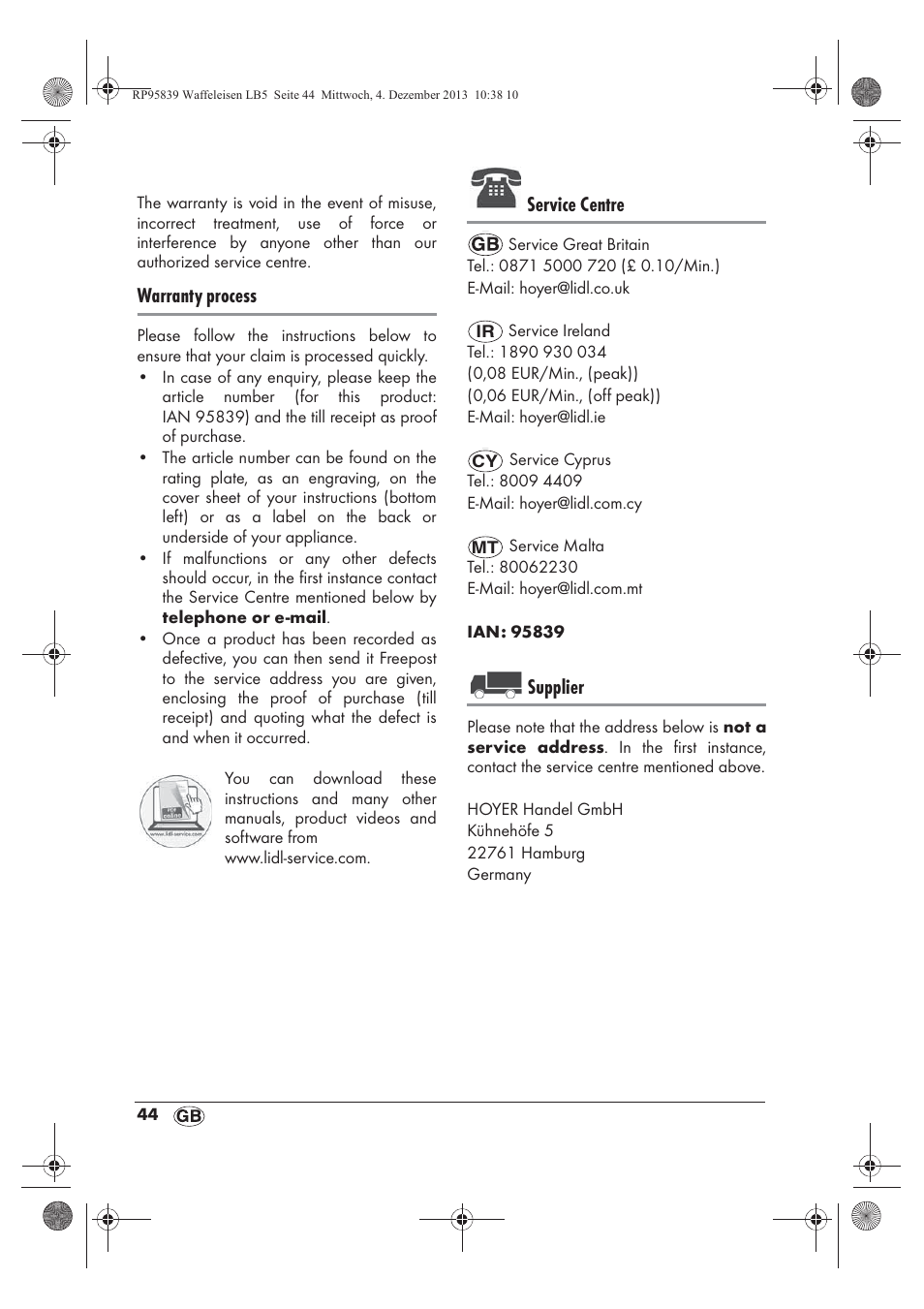 Warranty process, Service centre, Supplier | Silvercrest SSWE 1400 A1 User Manual | Page 46 / 58