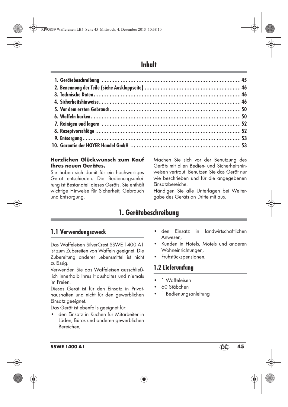 Inhalt, Gerätebeschreibung, 1 verwendungszweck | 2 lieferumfang | Silvercrest SSWE 1400 A1 User Manual | Page 47 / 58