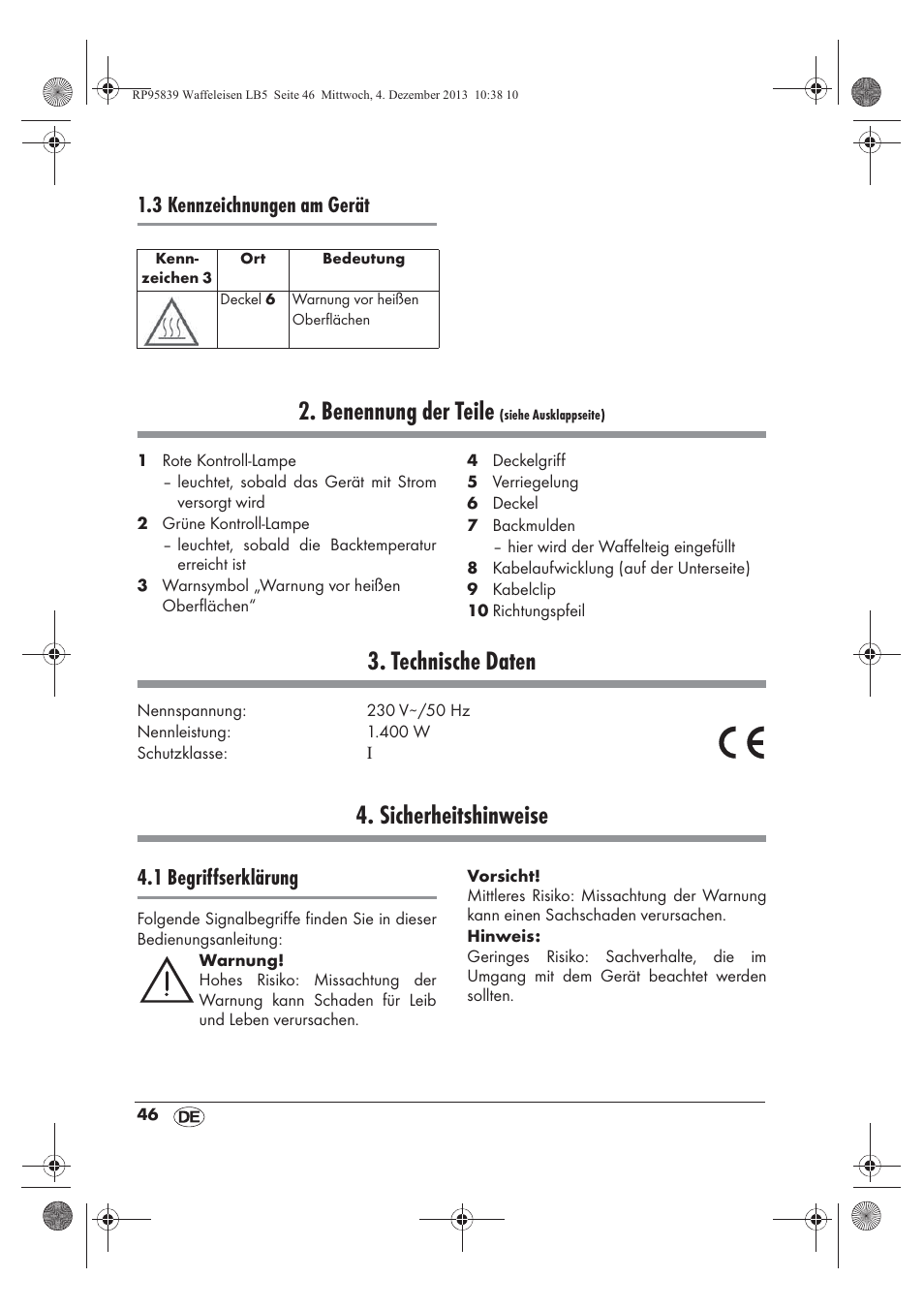 Benennung der teile, Technische daten, Sicherheitshinweise | 3 kennzeichnungen am gerät, 1 begriffserklärung | Silvercrest SSWE 1400 A1 User Manual | Page 48 / 58