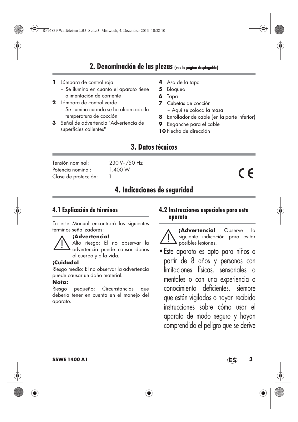 Denominación de las piezas, Datos técnicos, Indicaciones de seguridad | 1 explicación de términos, 2 instrucciones especiales para este aparato | Silvercrest SSWE 1400 A1 User Manual | Page 5 / 58