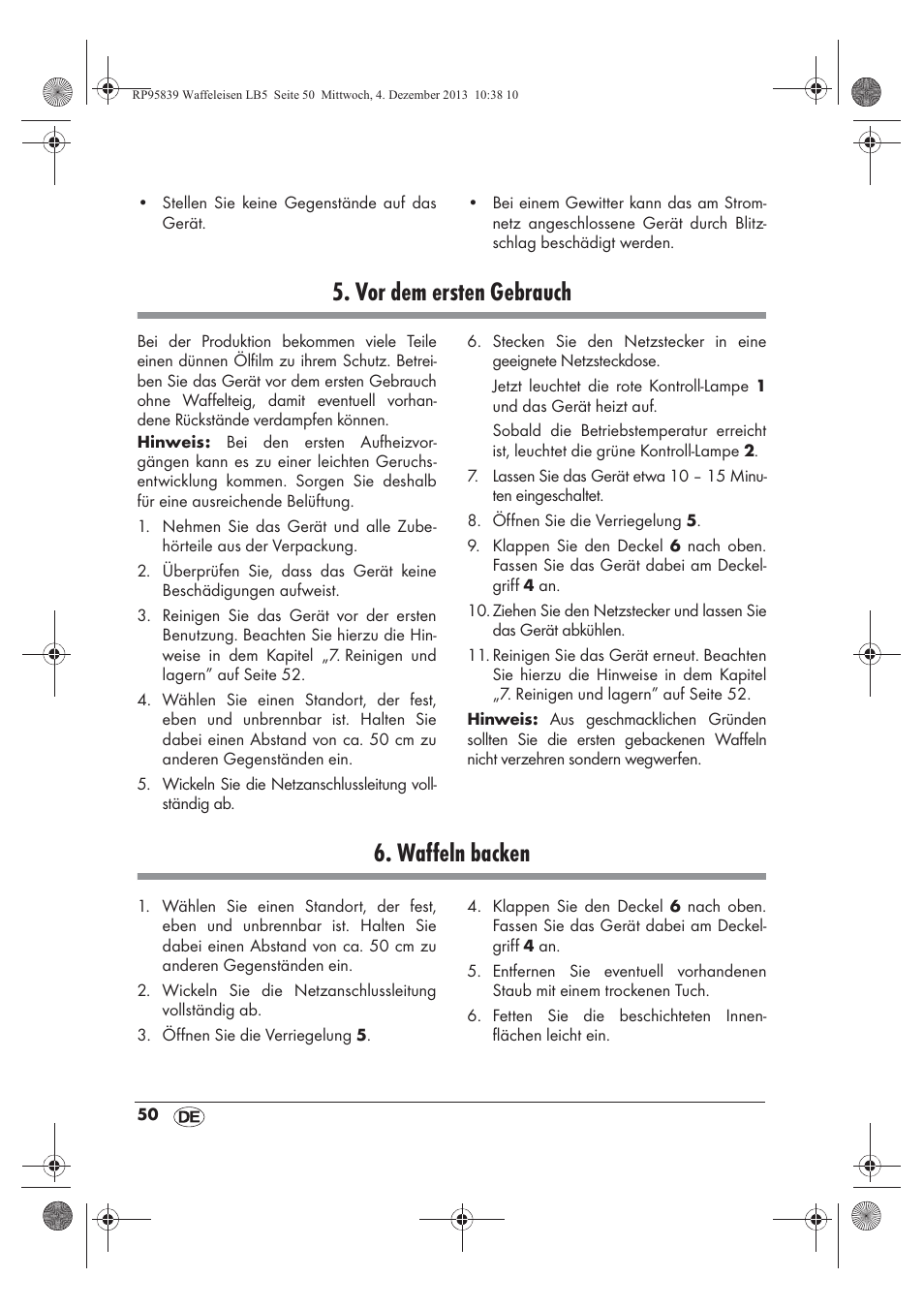 Vor dem ersten gebrauch, Waffeln backen | Silvercrest SSWE 1400 A1 User Manual | Page 52 / 58