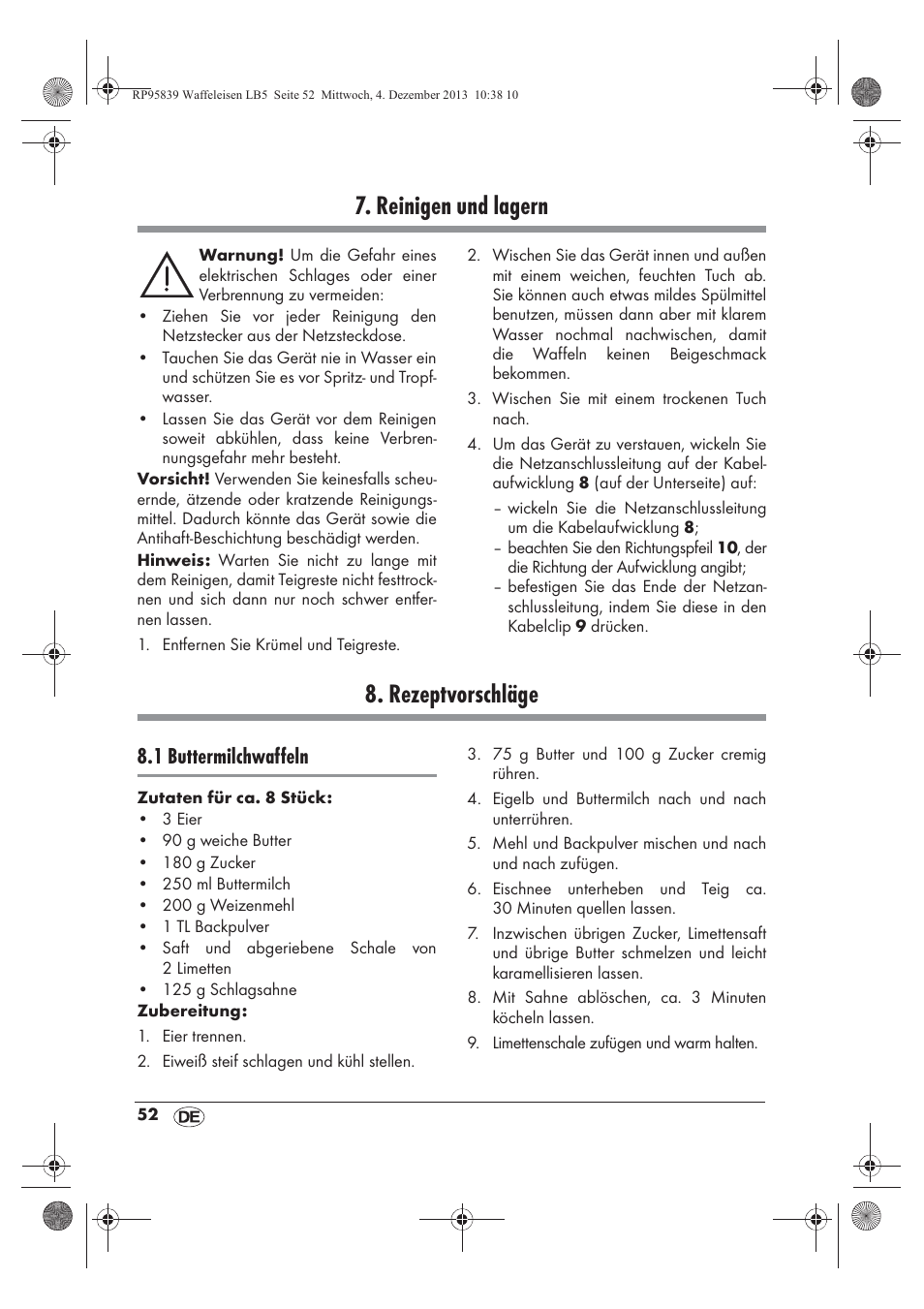 Reinigen und lagern, Rezeptvorschläge, 1 buttermilchwaffeln | Silvercrest SSWE 1400 A1 User Manual | Page 54 / 58