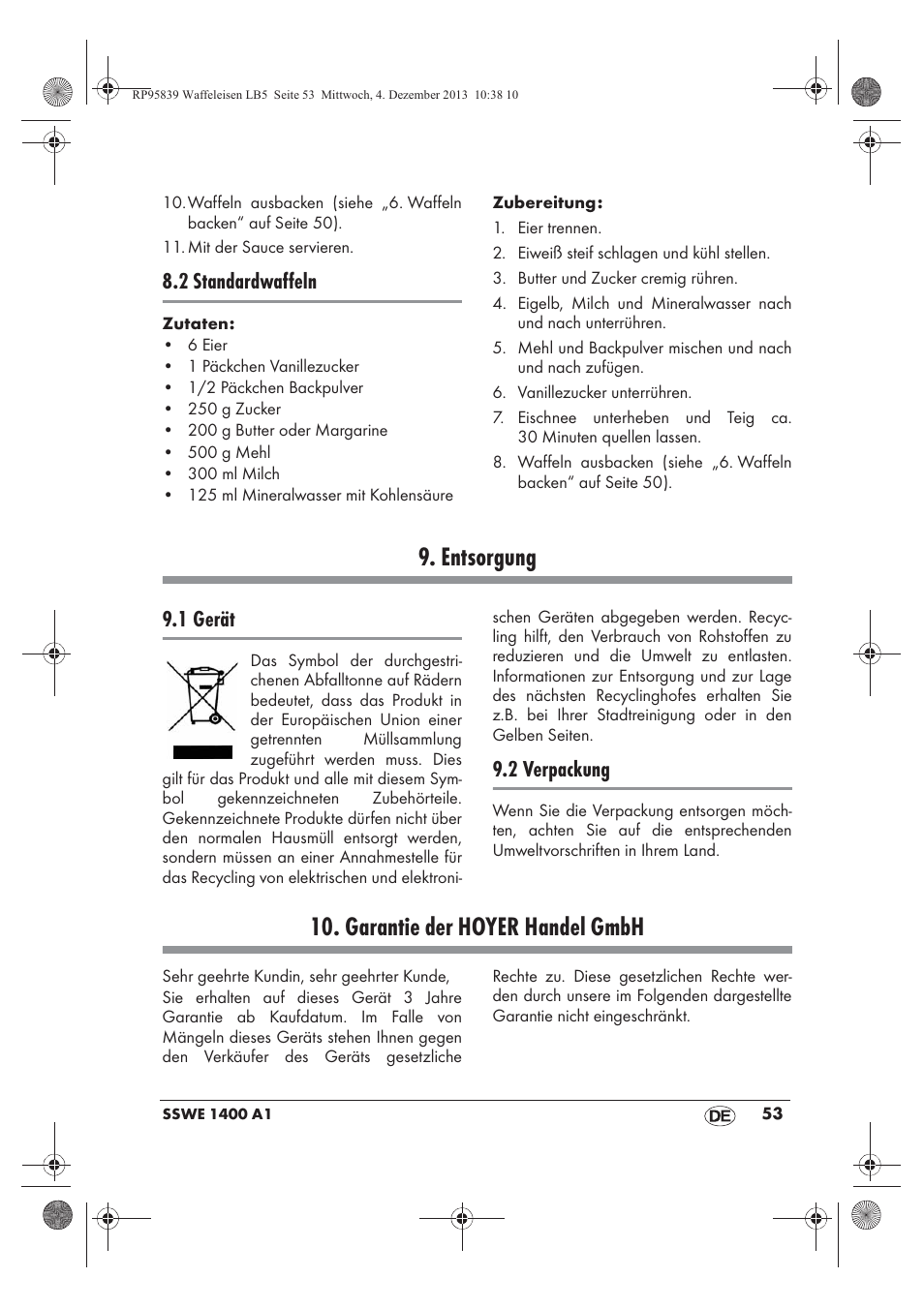 Entsorgung, Garantie der hoyer handel gmbh, 2 standardwaffeln | 1 gerät, 2 verpackung | Silvercrest SSWE 1400 A1 User Manual | Page 55 / 58