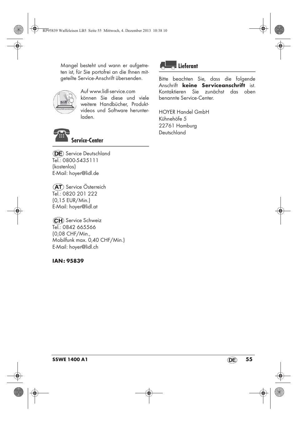 Service-center, Lieferant | Silvercrest SSWE 1400 A1 User Manual | Page 57 / 58