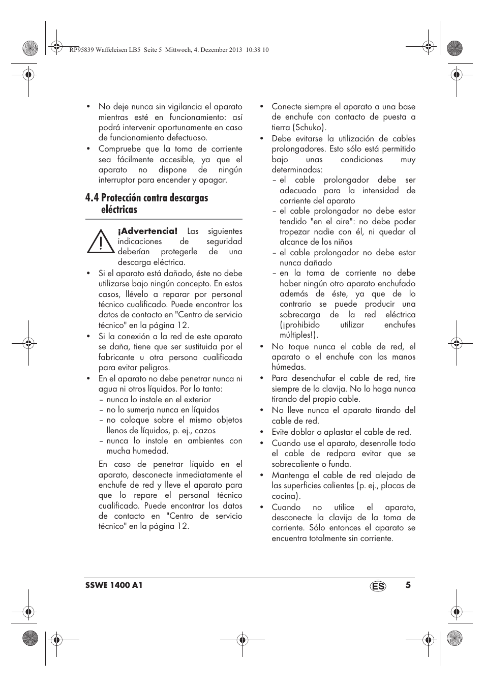 4 protección contra descargas eléctricas | Silvercrest SSWE 1400 A1 User Manual | Page 7 / 58