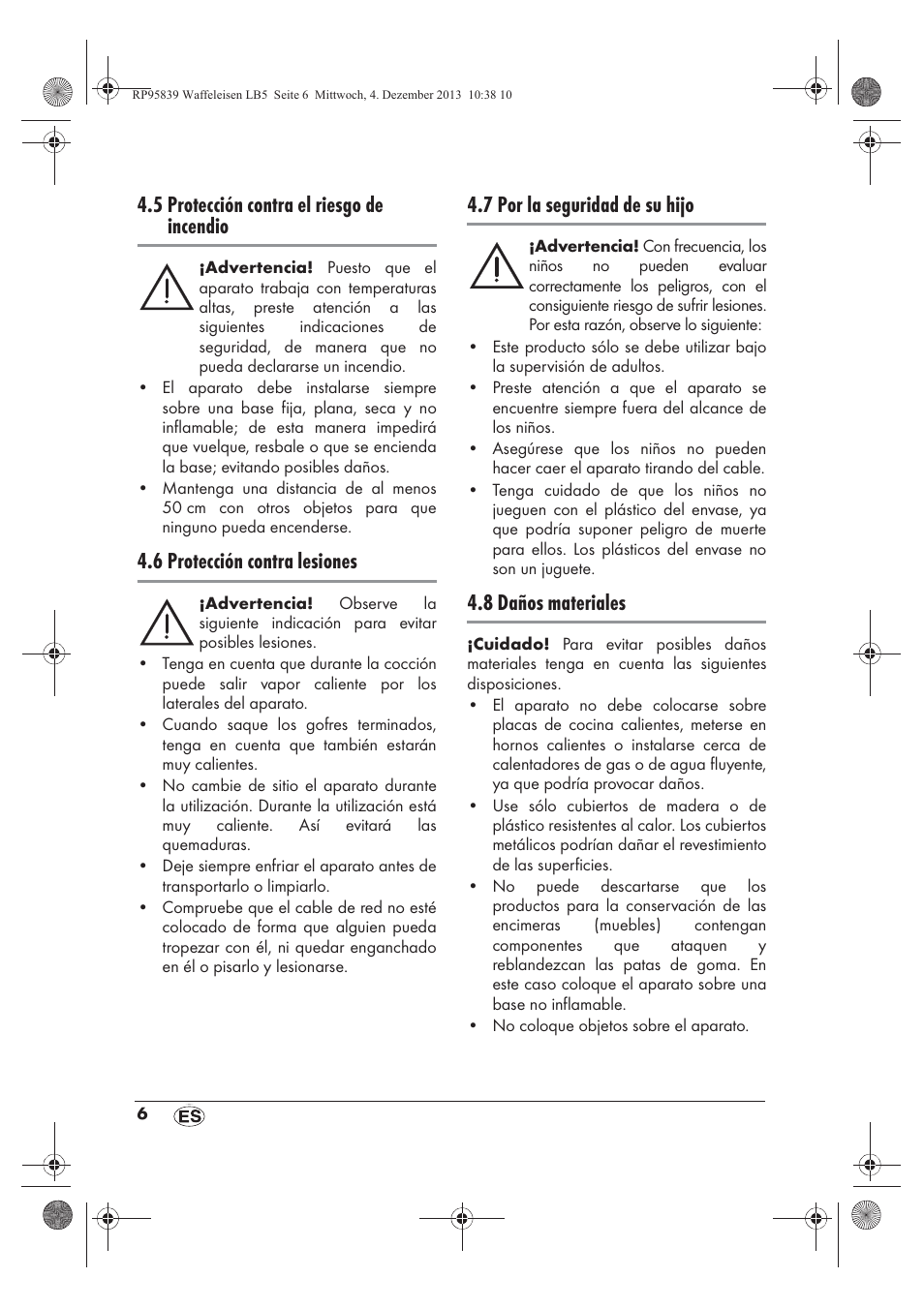 5 protección contra el riesgo de incendio, 6 protección contra lesiones, 7 por la seguridad de su hijo | 8 daños materiales | Silvercrest SSWE 1400 A1 User Manual | Page 8 / 58