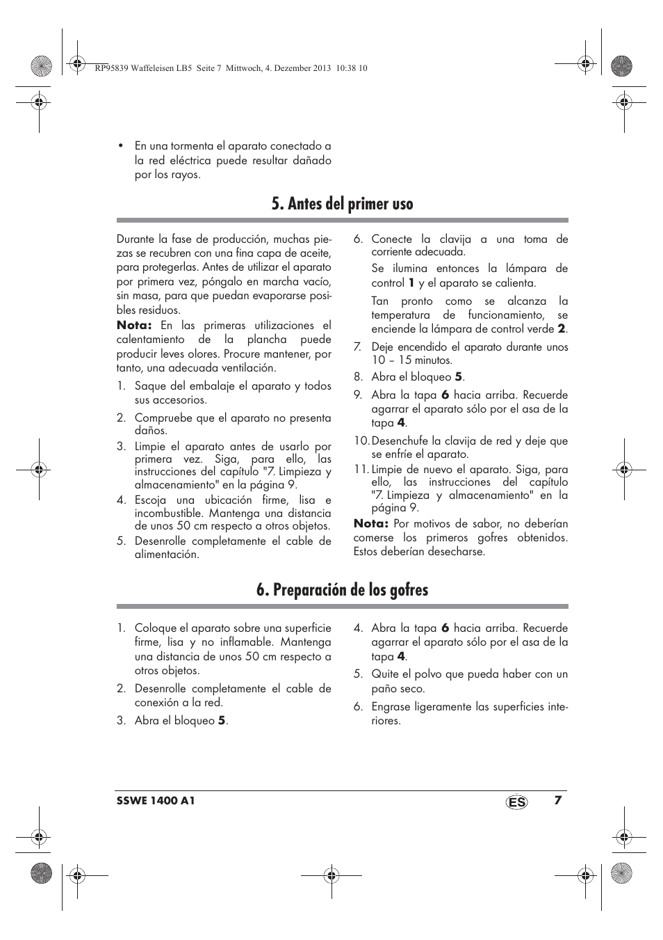 Antes del primer uso, Preparación de los gofres | Silvercrest SSWE 1400 A1 User Manual | Page 9 / 58