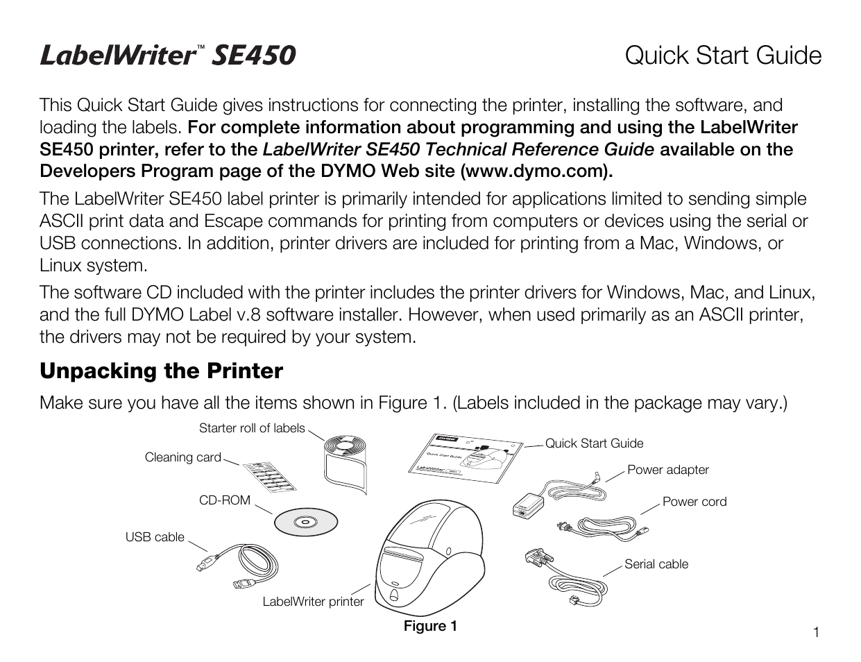 Quick start guide, Unpacking the printer | Dymo SE450 User Manual | Page 3 / 12