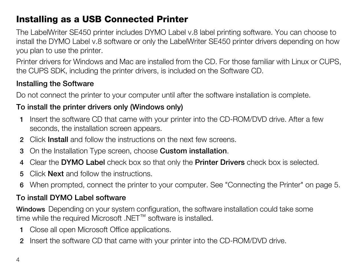 Installing as a usb connected printer | Dymo SE450 User Manual | Page 6 / 12