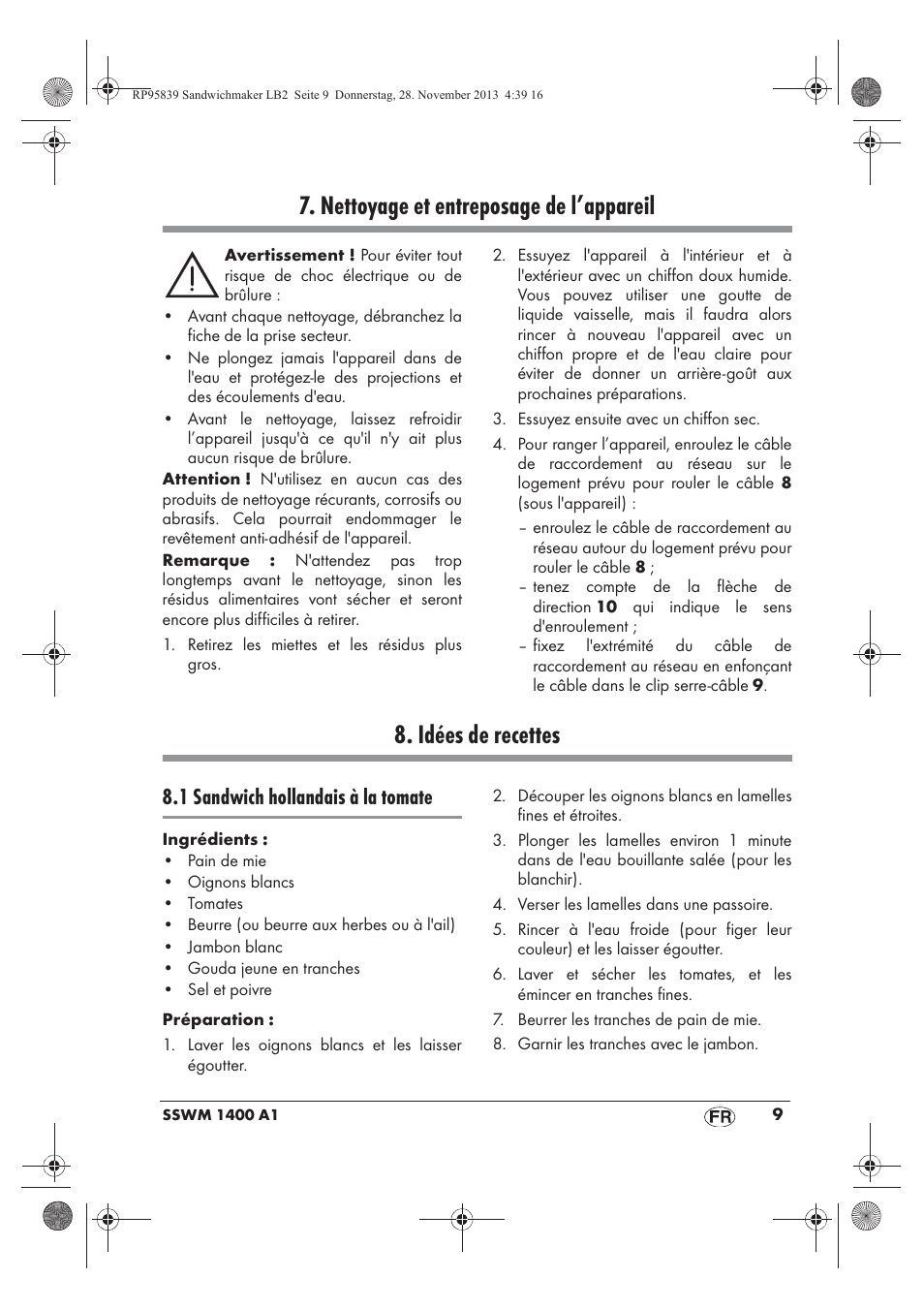 Nettoyage et entreposage de l’appareil, Idées de recettes, 1 sandwich hollandais à la tomate | Silvercrest SSWM 1400 A1 User Manual | Page 11 / 46