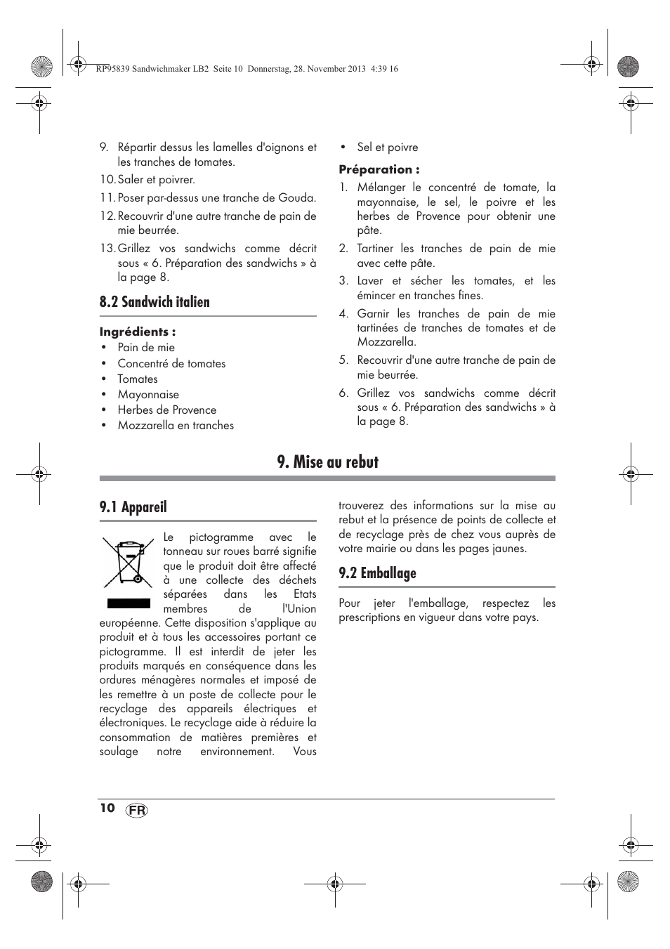 Mise au rebut, 2 sandwich italien, 1 appareil | 2 emballage | Silvercrest SSWM 1400 A1 User Manual | Page 12 / 46