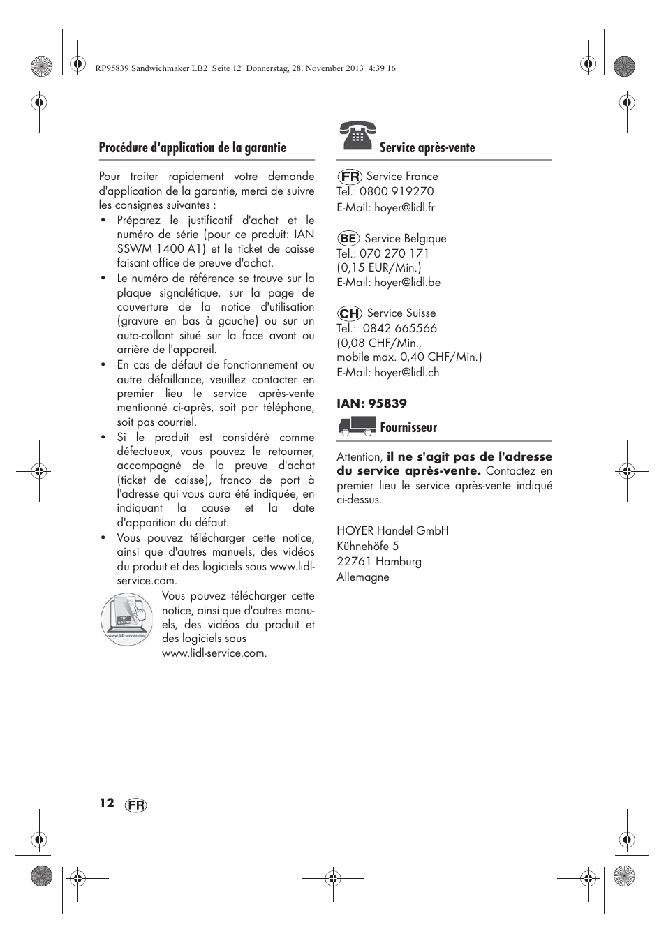 Procédure d'application de la garantie, Service après-vente, Fournisseur | Silvercrest SSWM 1400 A1 User Manual | Page 14 / 46