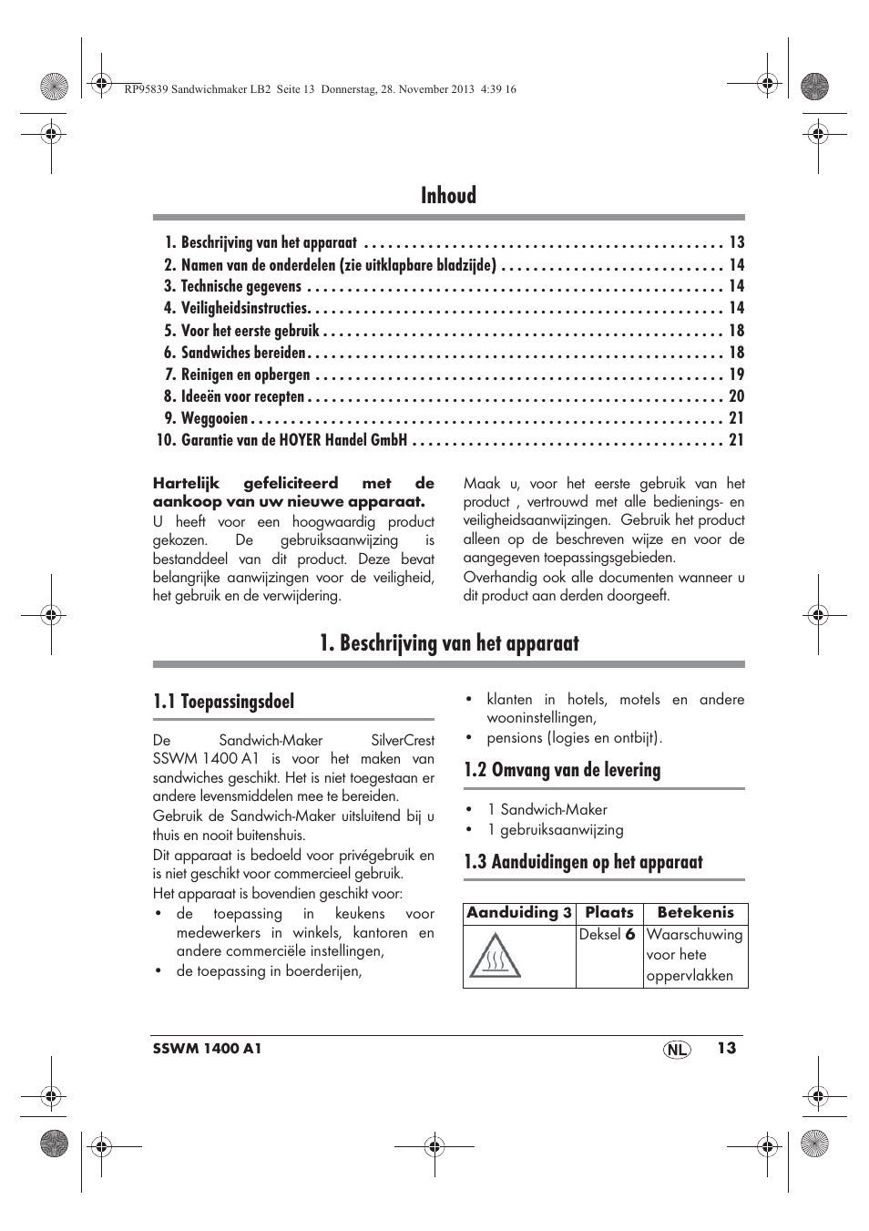 Inhoud, Beschrijving van het apparaat, 1 toepassingsdoel | 2 omvang van de levering, 3 aanduidingen op het apparaat | Silvercrest SSWM 1400 A1 User Manual | Page 15 / 46