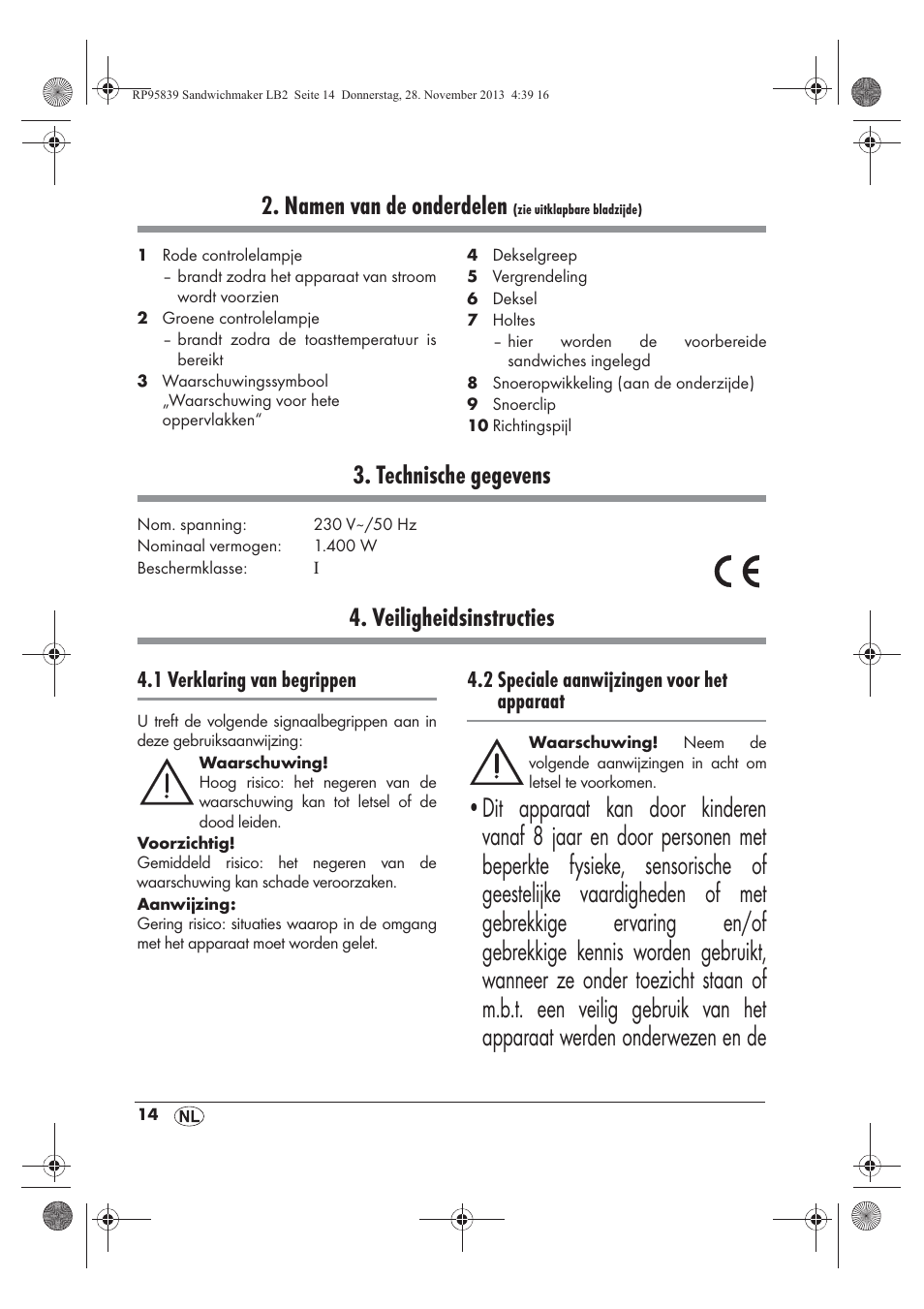 Namen van de onderdelen, Technische gegevens, Veiligheidsinstructies | 1 verklaring van begrippen, 2 speciale aanwijzingen voor het apparaat | Silvercrest SSWM 1400 A1 User Manual | Page 16 / 46