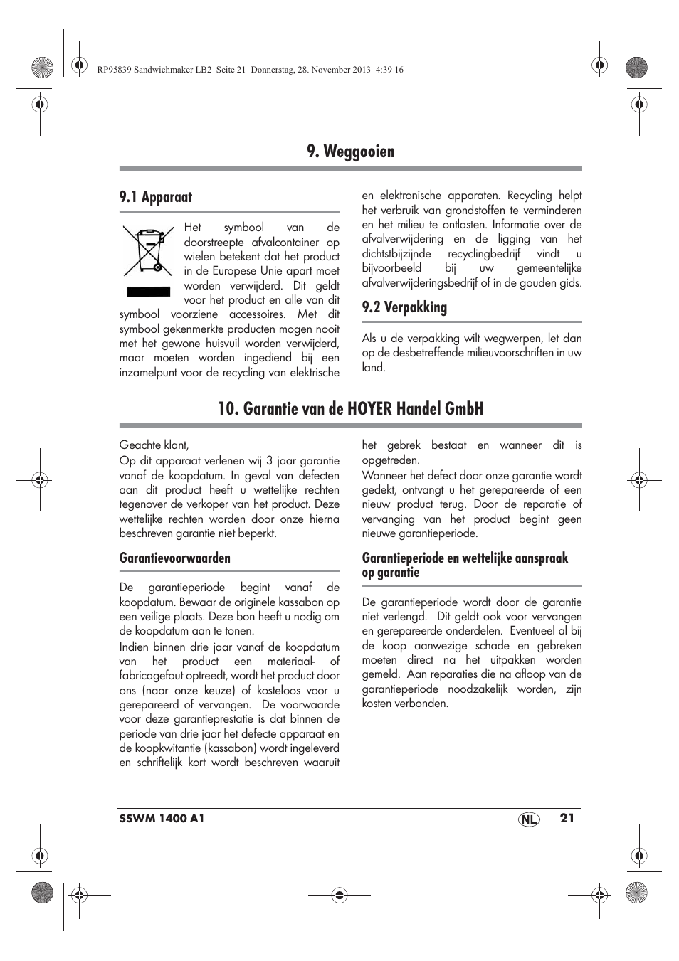 Weggooien, Garantie van de hoyer handel gmbh | Silvercrest SSWM 1400 A1 User Manual | Page 23 / 46