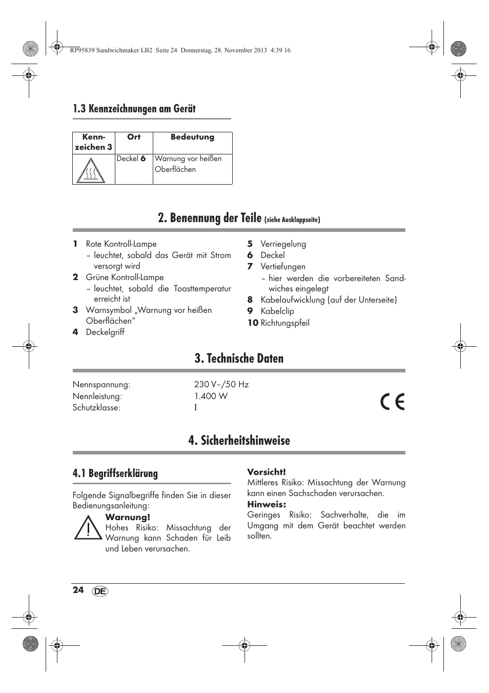 Benennung der teile, Technische daten, Sicherheitshinweise | 3 kennzeichnungen am gerät, 1 begriffserklärung | Silvercrest SSWM 1400 A1 User Manual | Page 26 / 46