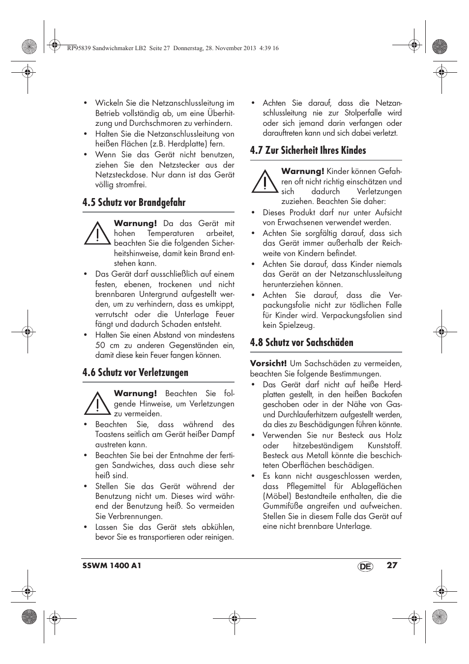 5 schutz vor brandgefahr, 6 schutz vor verletzungen, 7 zur sicherheit ihres kindes | 8 schutz vor sachschäden | Silvercrest SSWM 1400 A1 User Manual | Page 29 / 46
