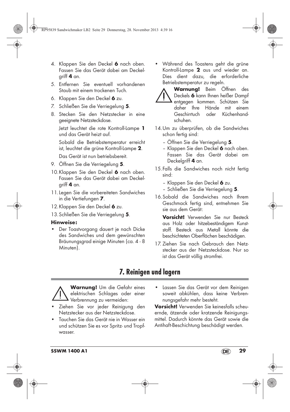 Reinigen und lagern | Silvercrest SSWM 1400 A1 User Manual | Page 31 / 46