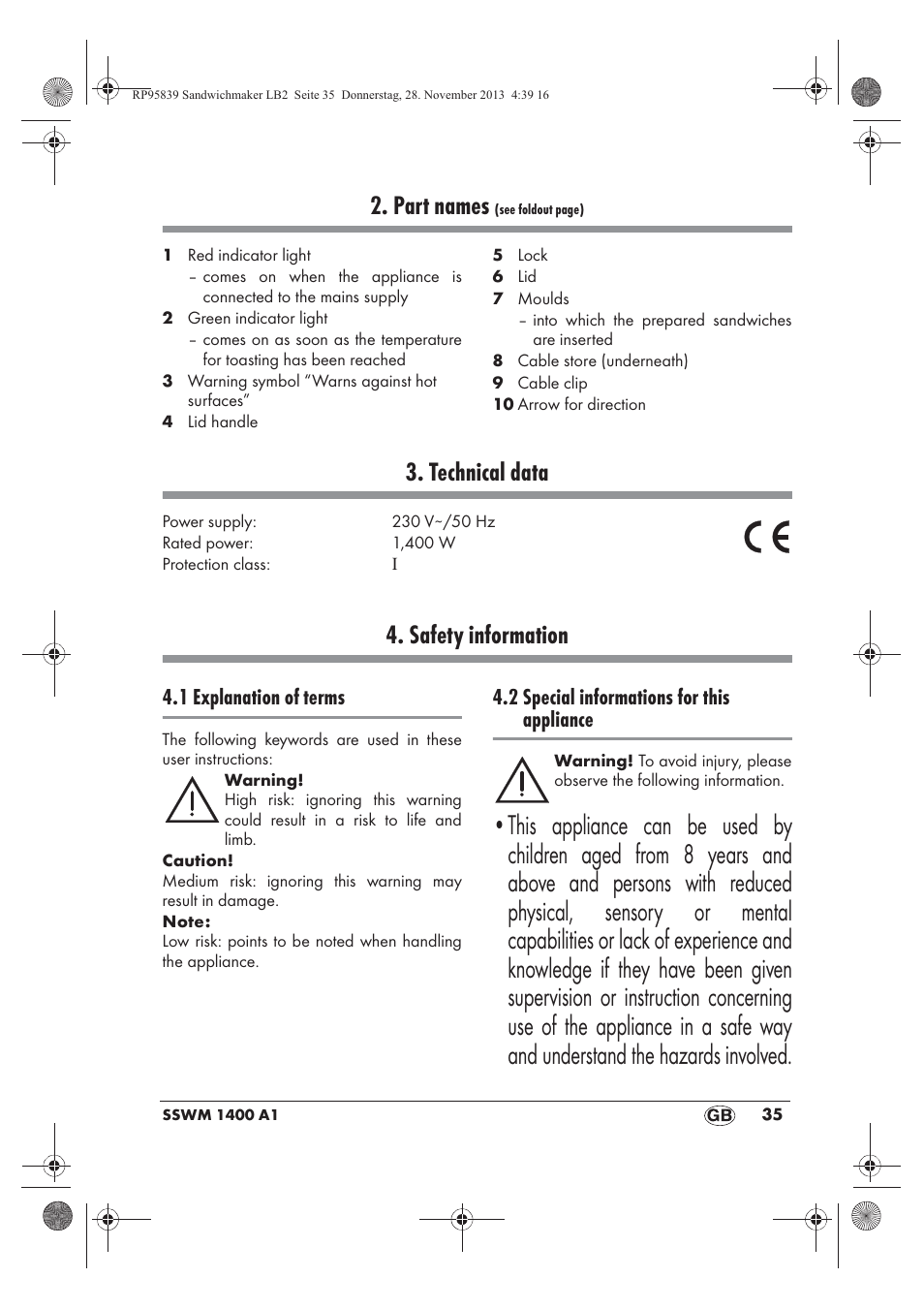 Part names, Technical data, Safety information | 1 explanation of terms, 2 special informations for this appliance | Silvercrest SSWM 1400 A1 User Manual | Page 37 / 46