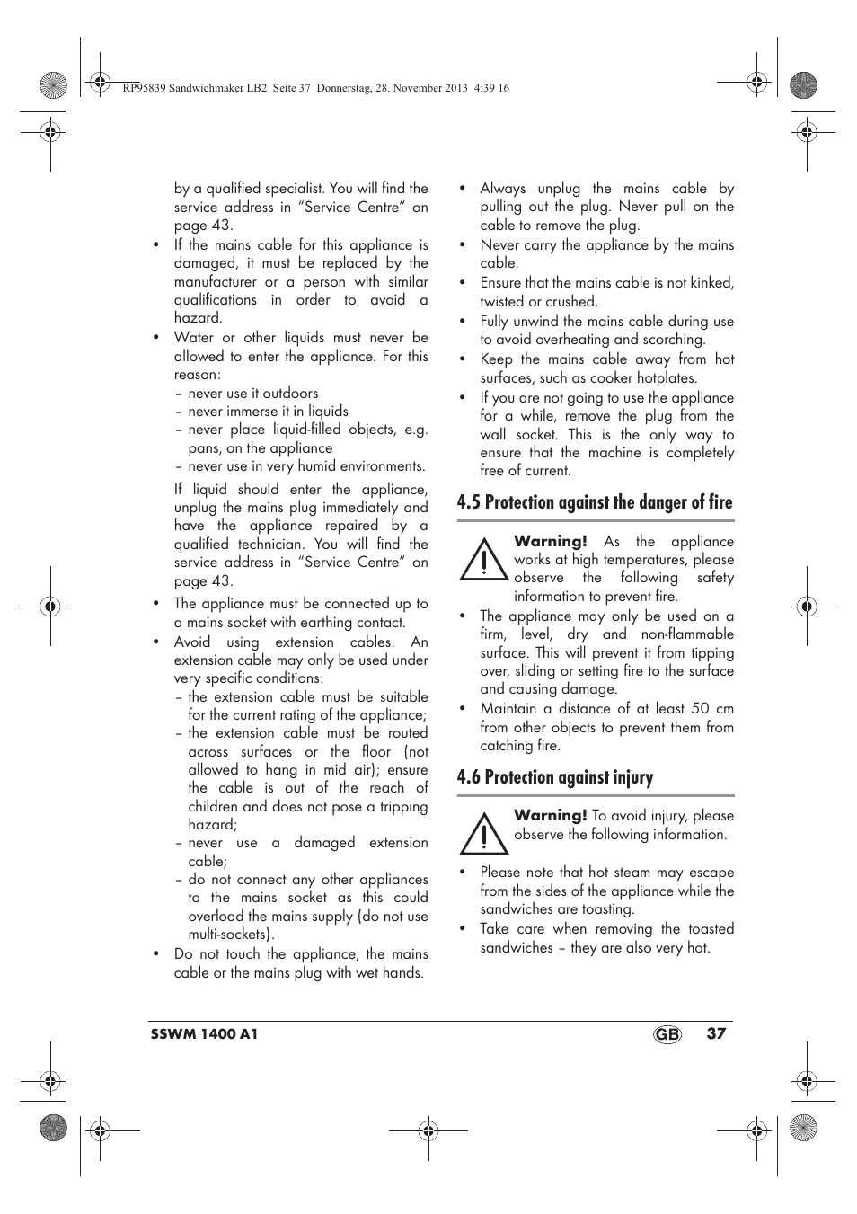 5 protection against the danger of fire, 6 protection against injury | Silvercrest SSWM 1400 A1 User Manual | Page 39 / 46