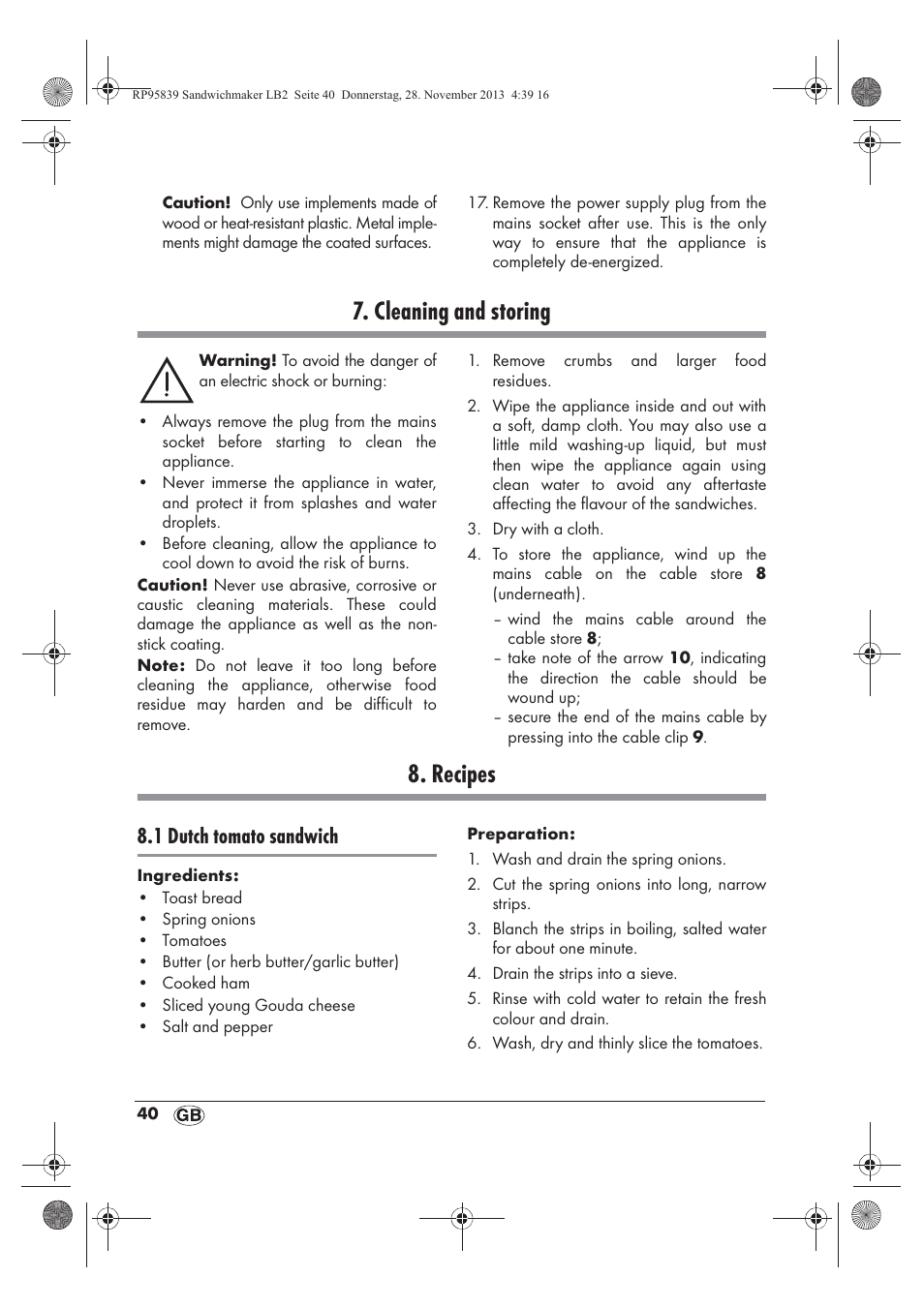 Cleaning and storing, Recipes, 1 dutch tomato sandwich | Silvercrest SSWM 1400 A1 User Manual | Page 42 / 46