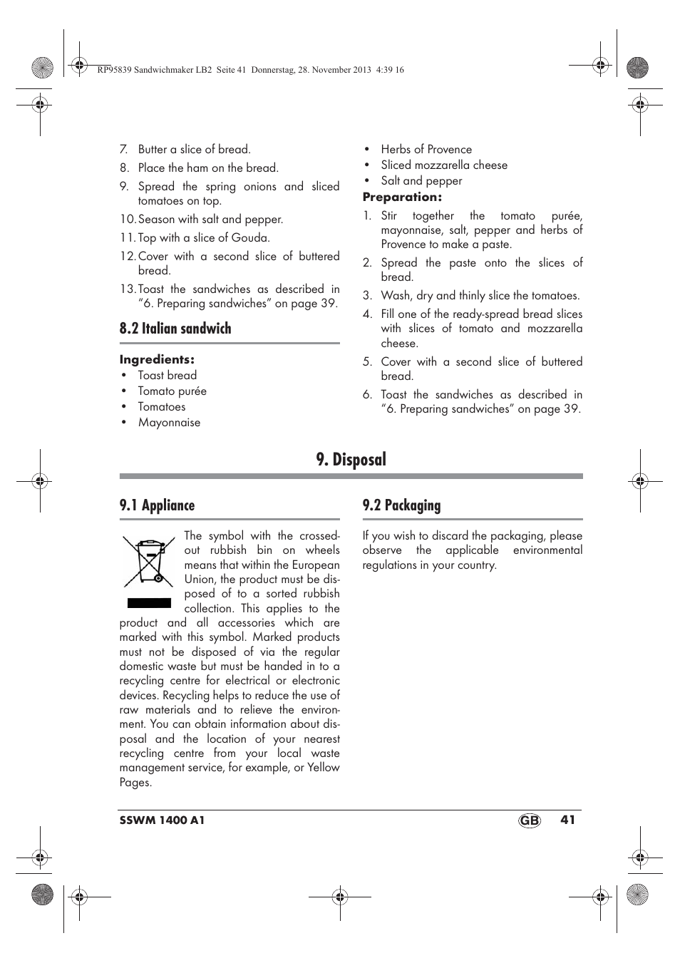 Disposal, 2 italian sandwich, 1 appliance | 2 packaging | Silvercrest SSWM 1400 A1 User Manual | Page 43 / 46