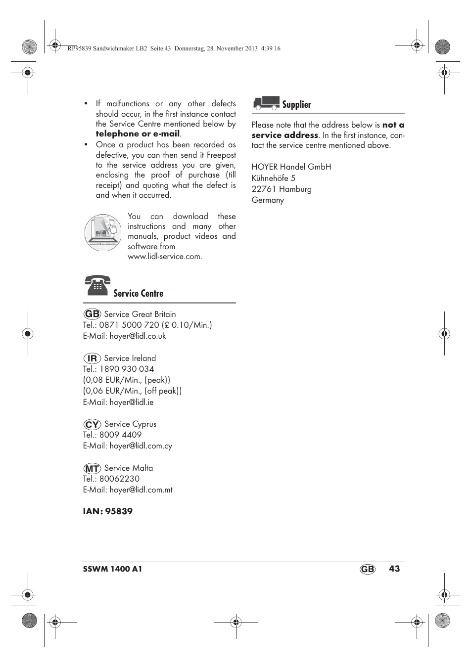 Service centre, Supplier | Silvercrest SSWM 1400 A1 User Manual | Page 45 / 46