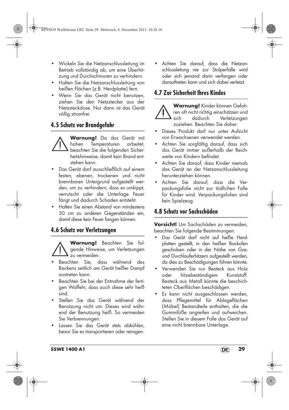 5 schutz vor brandgefahr, 6 schutz vor verletzungen, 7 zur sicherheit ihres kindes | 8 schutz vor sachschäden | Silvercrest SSWE 1400 A1 User Manual | Page 31 / 50