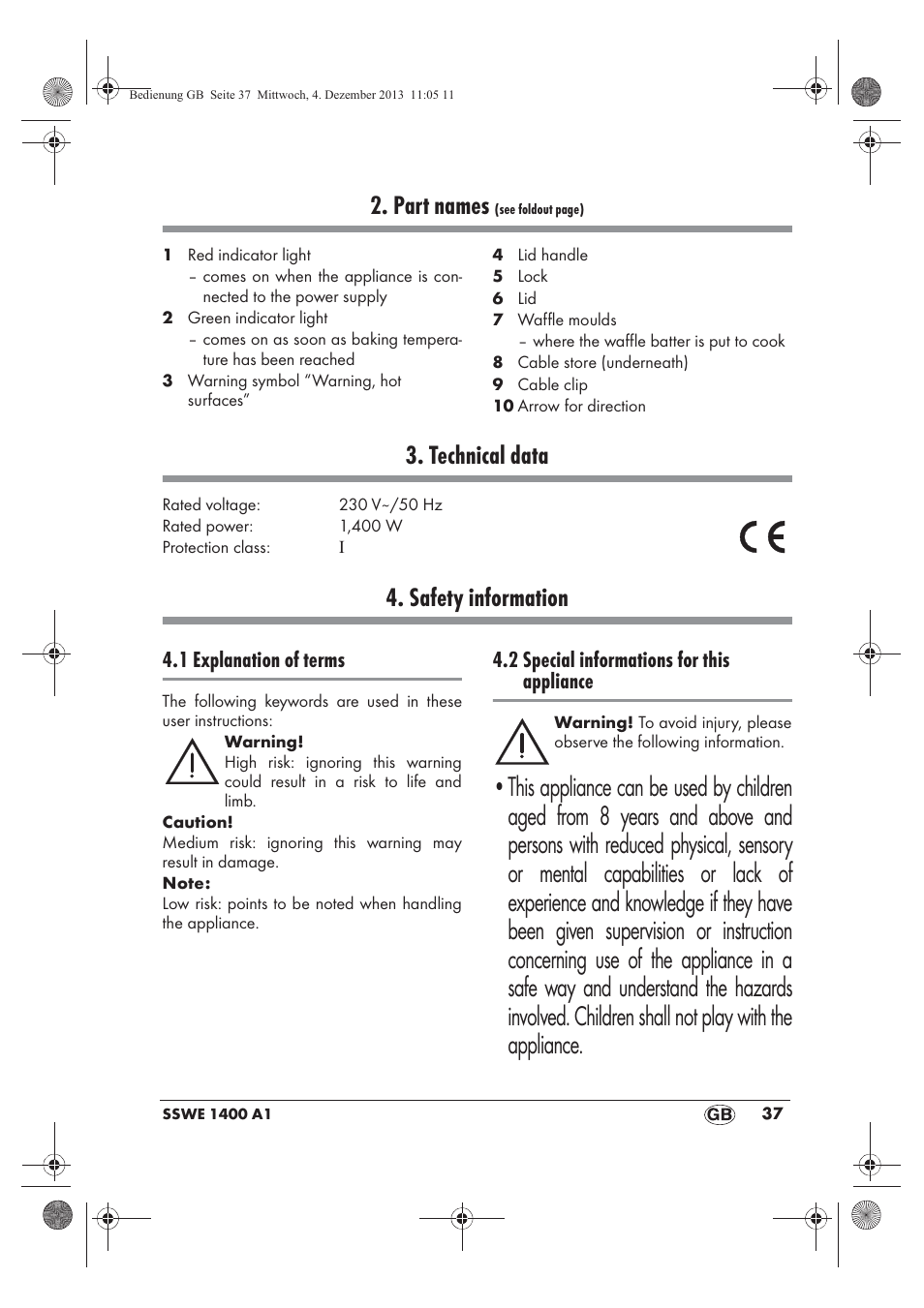 Part names, Technical data, Safety information | 1 explanation of terms, 2 special informations for this appliance | Silvercrest SSWE 1400 A1 User Manual | Page 39 / 50