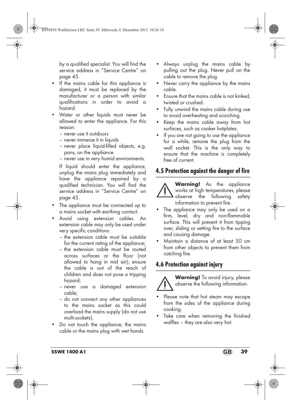 5 protection against the danger of fire, 6 protection against injury | Silvercrest SSWE 1400 A1 User Manual | Page 41 / 50